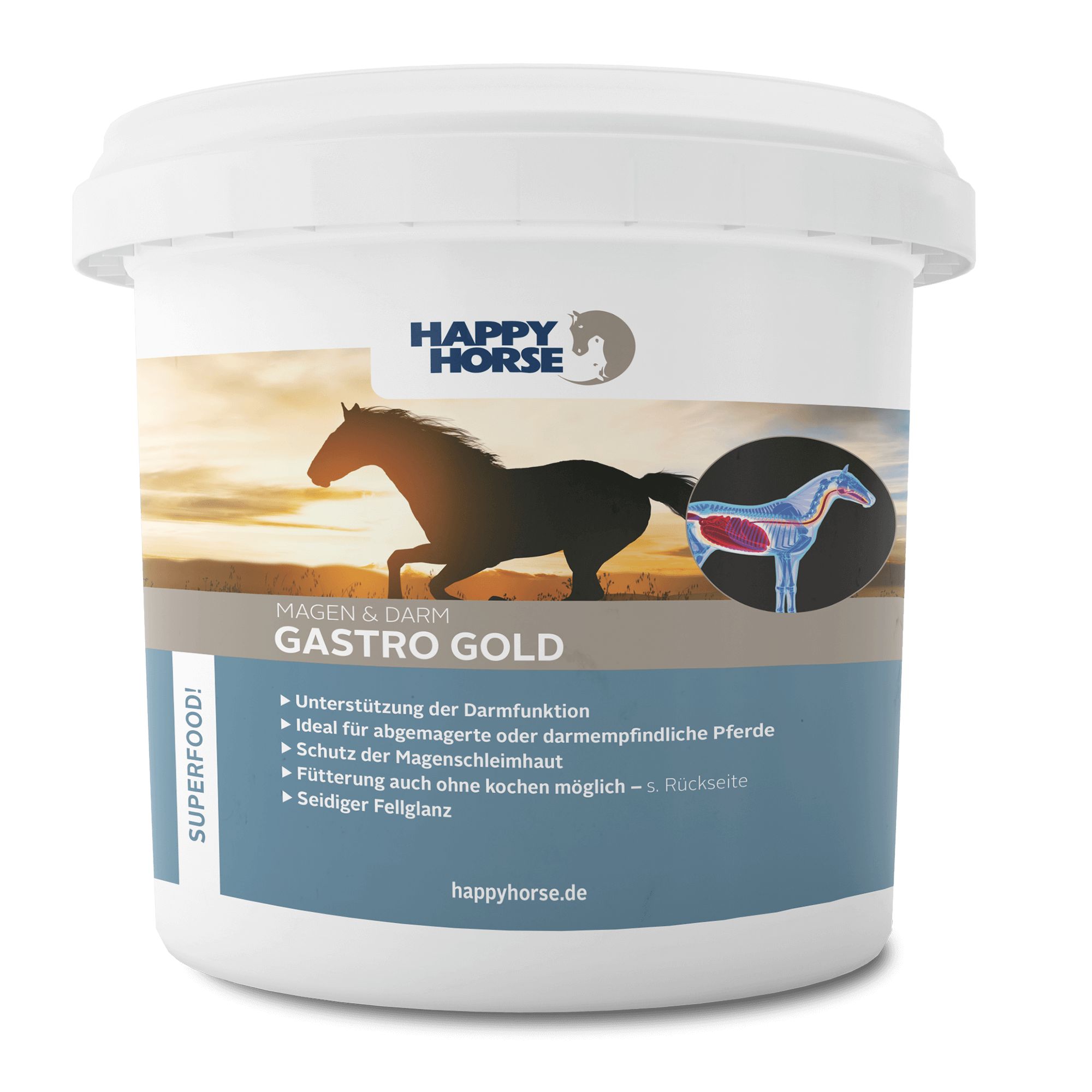 Weißer Eimer mit Aufschrift HAPPY HORSE. Abbildung eines Pferdes und Produktbezeichnung GASTRO GOLD.