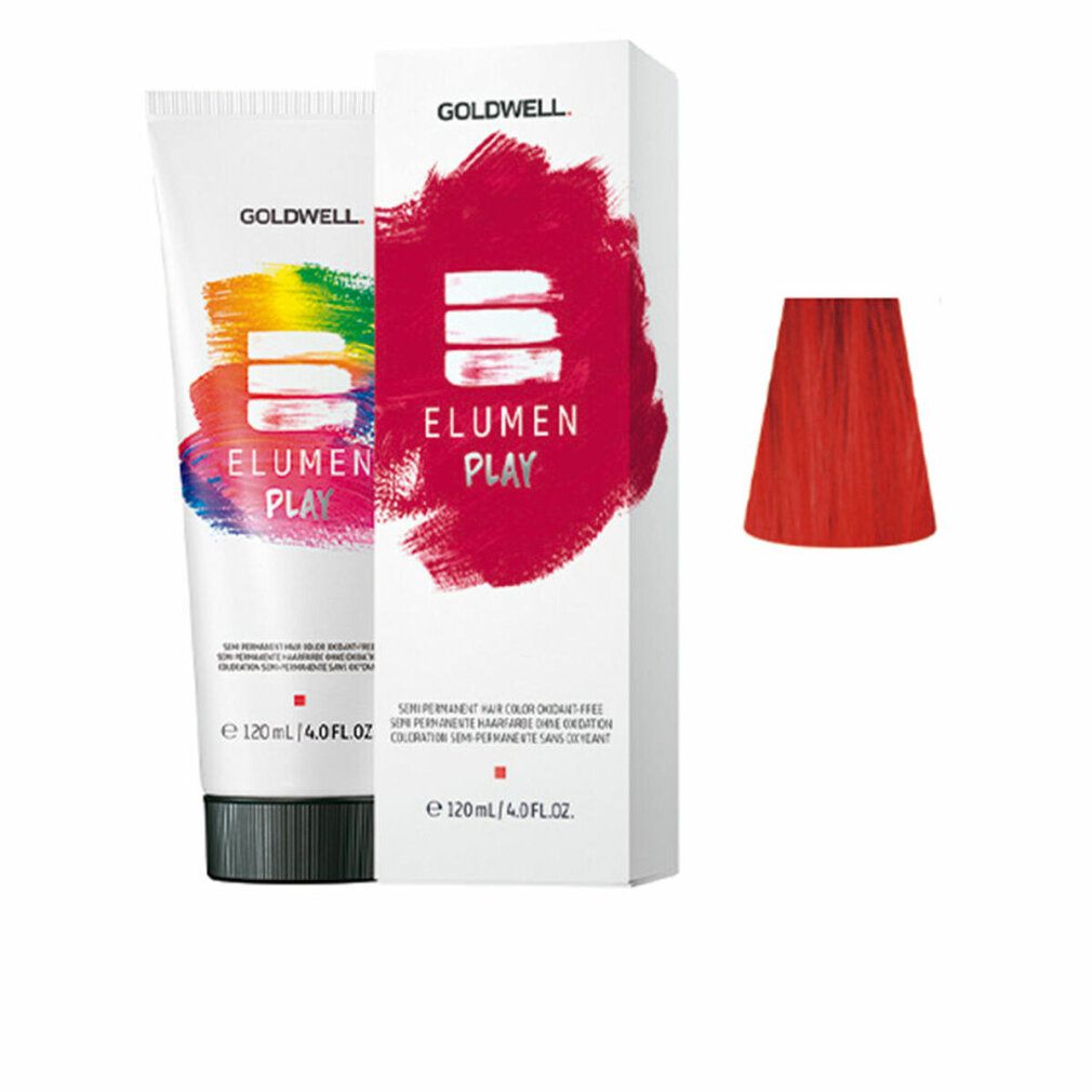 Goldwell ELUMEN PLAY Haarfarbe, Tube und Schachtel. Rote Farbe, Logo und Produktname sichtbar. 120 ml.