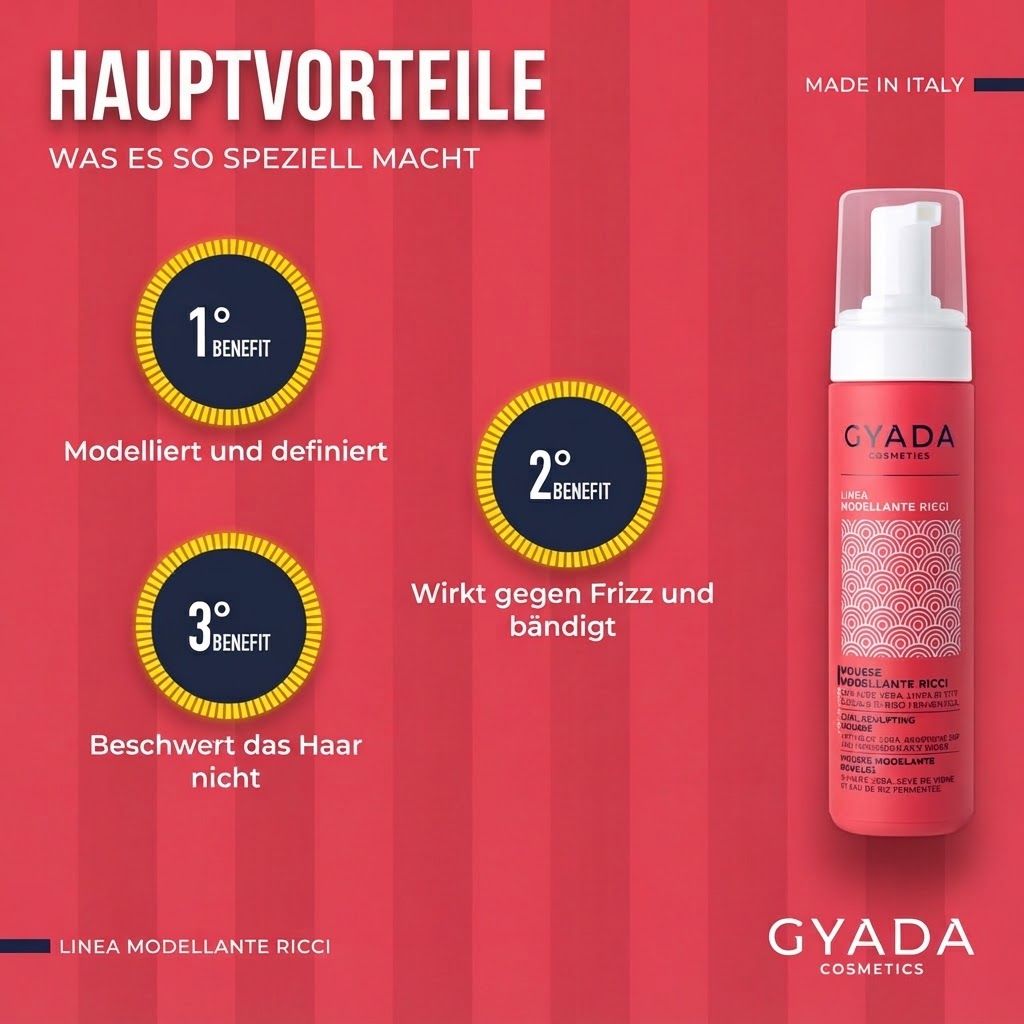 Gyada Cosmetics Locken Styling Mousse, 200ml Flasche mit Pumpspender.