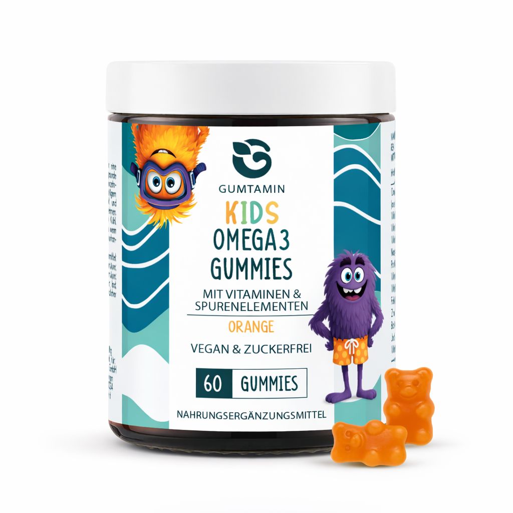 Dose mit Omega 3 Gummibärchen für Kinder. Aufschrift: Gumtamin Kids Omega 3 Gummies, Orange, vegan & zuckerfrei, 60 Gummies. Mit Illustrationen.