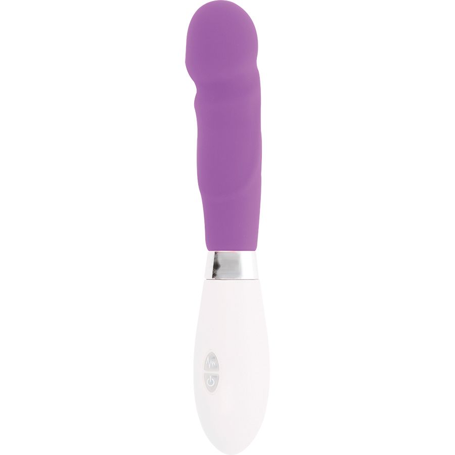 Vibrator mit lila Kopf und Schaft, weißem Griff und silbernem Ring. Auf weißem Hintergrund.