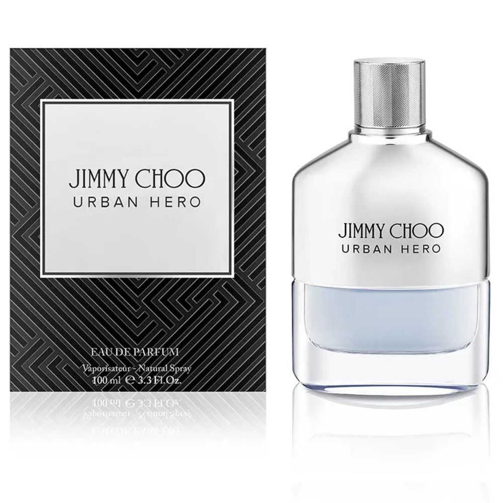 Jimmy Choo Urban Hero Flakon und Schachtel. Silberner Flakon, blaue Flüssigkeit. Eau de Parfum.