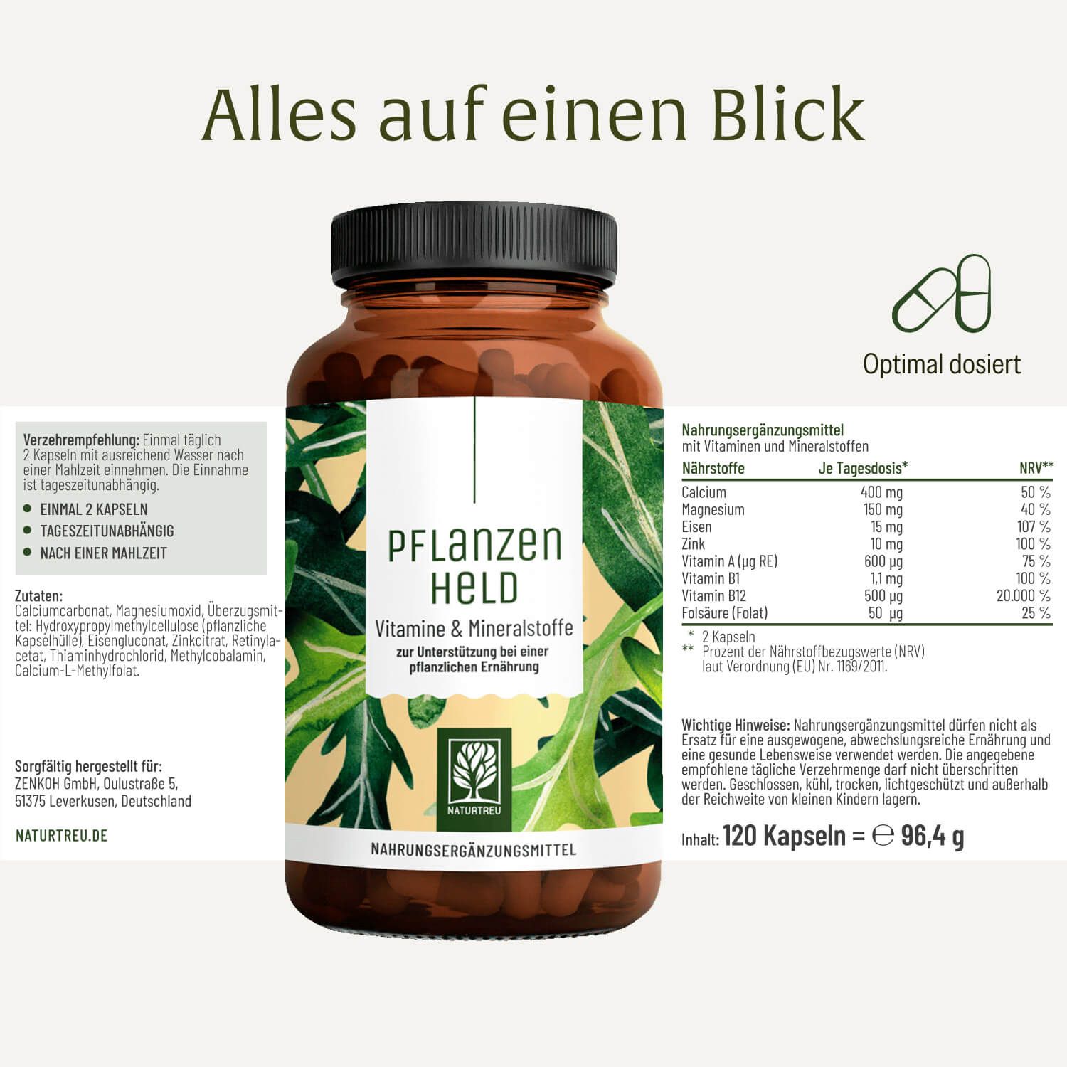 Flasche "Pflanzenheld" Vitamine & Mineralstoffe mit Nährwertangaben und Dosierung.