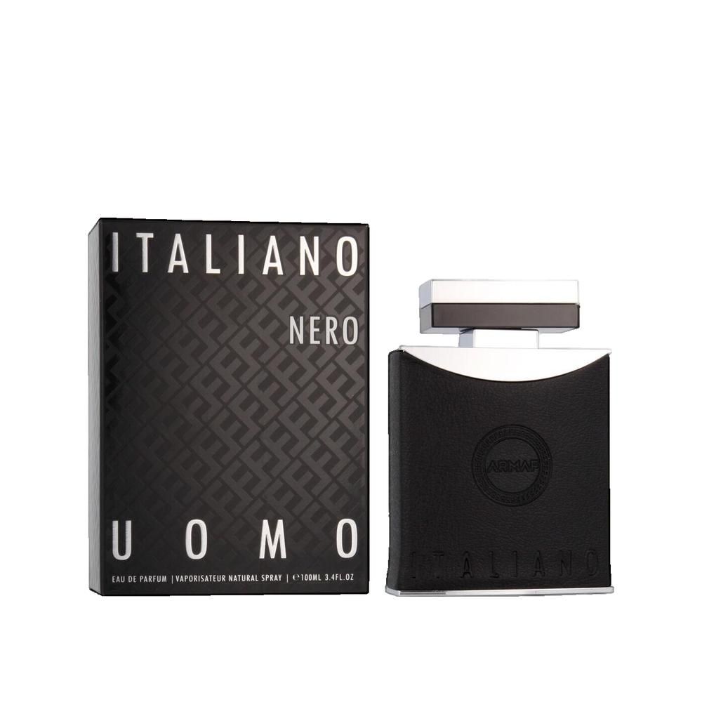 Schwarze Verpackung und Flakon. Auf der Verpackung steht ITALIANO NERO UOMO. Flakon mit silberner Kappe.