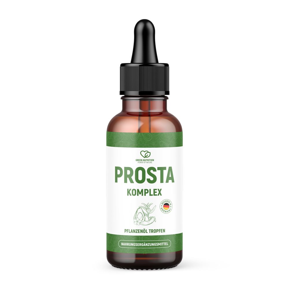 Braune Glasflasche mit schwarzem Deckel und Pipette. Etikett mit Produktnamen Prosta Komplex und Logo. Pflanzliche Tropfen.
