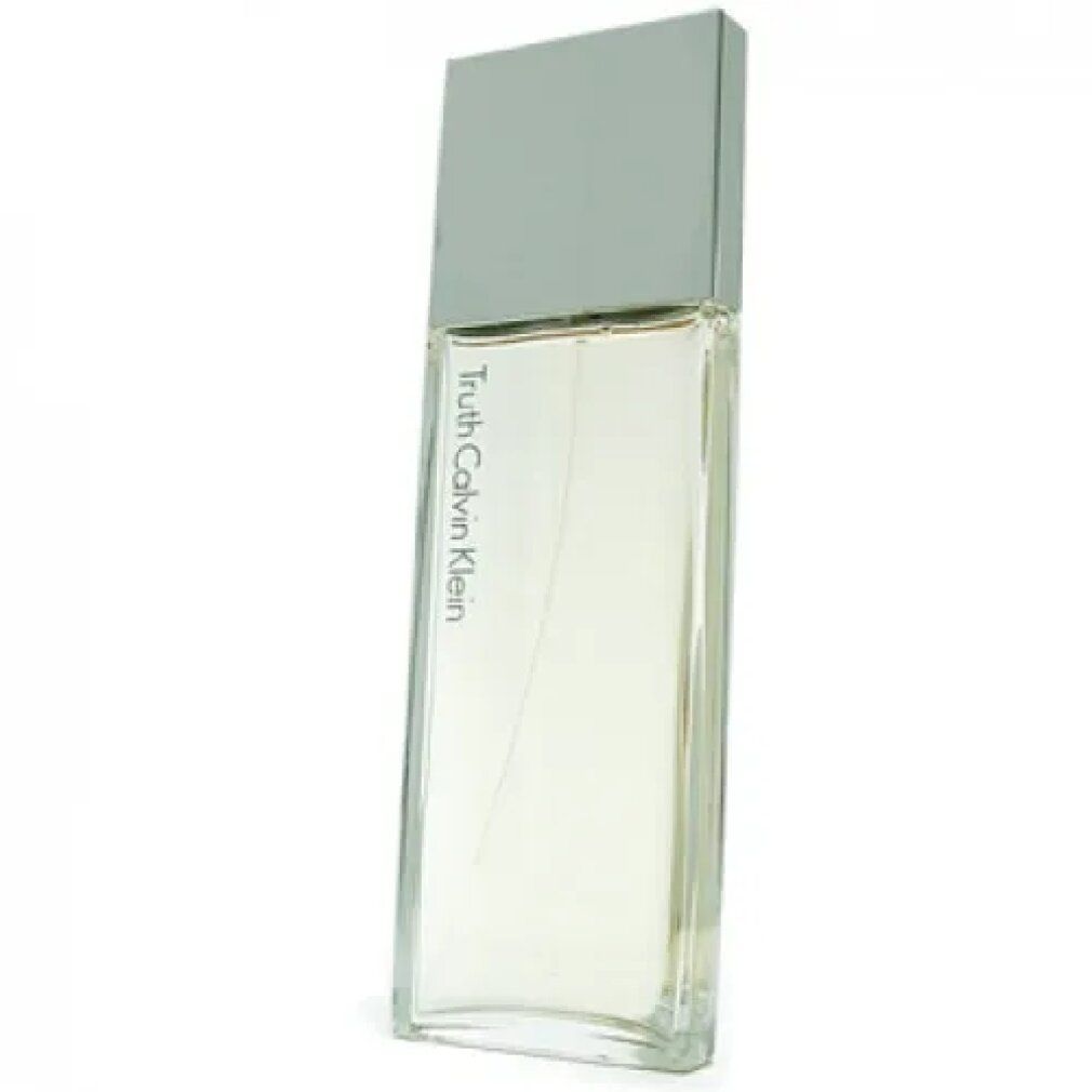 Rechteckige transparente Parfümflasche mit silbernem Deckel. Aufschrift: Truth Calvin Klein.