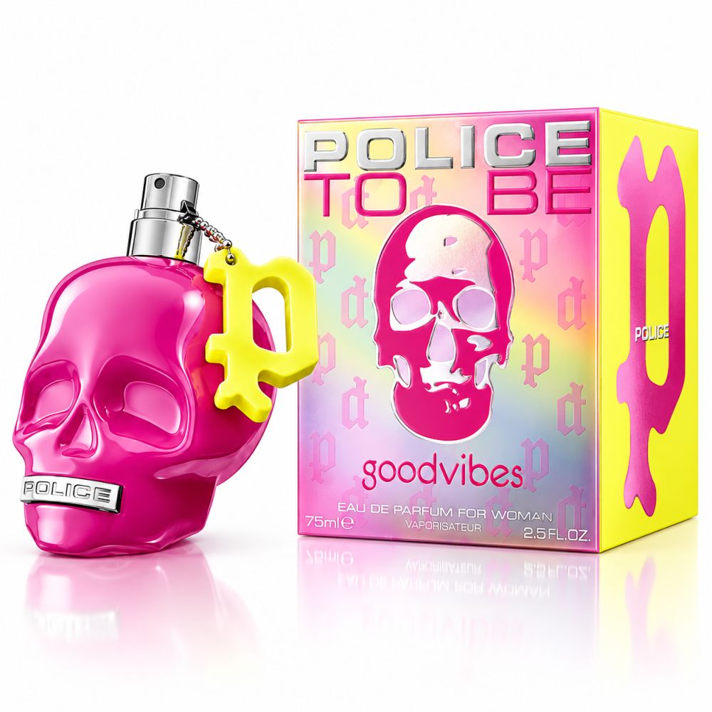 Pinke Totenkopf-Parfümflasche mit gelbem Anhänger und passender Schachtel.