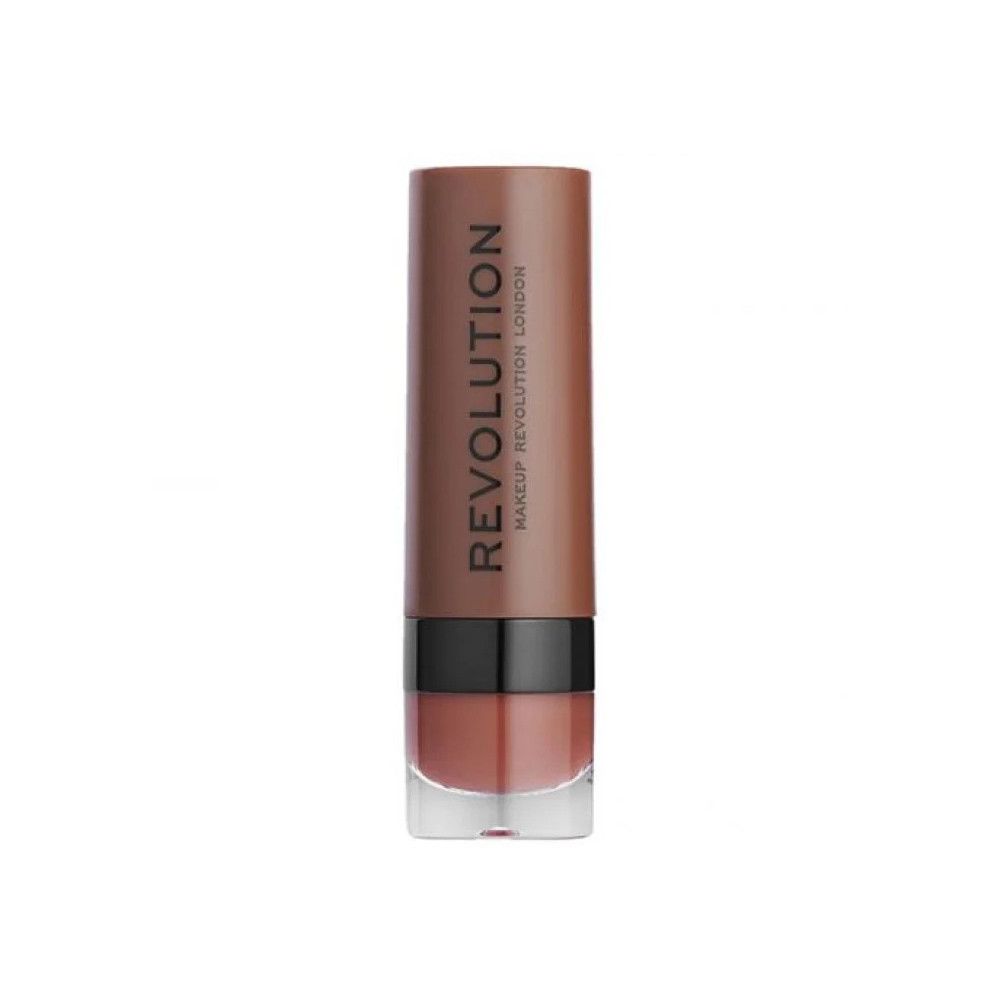 Lippenstift in brauner Hülse. Aufschrift: REVOLUTION MAKEUP REVOLUTION LONDON. Unterteil transparent.