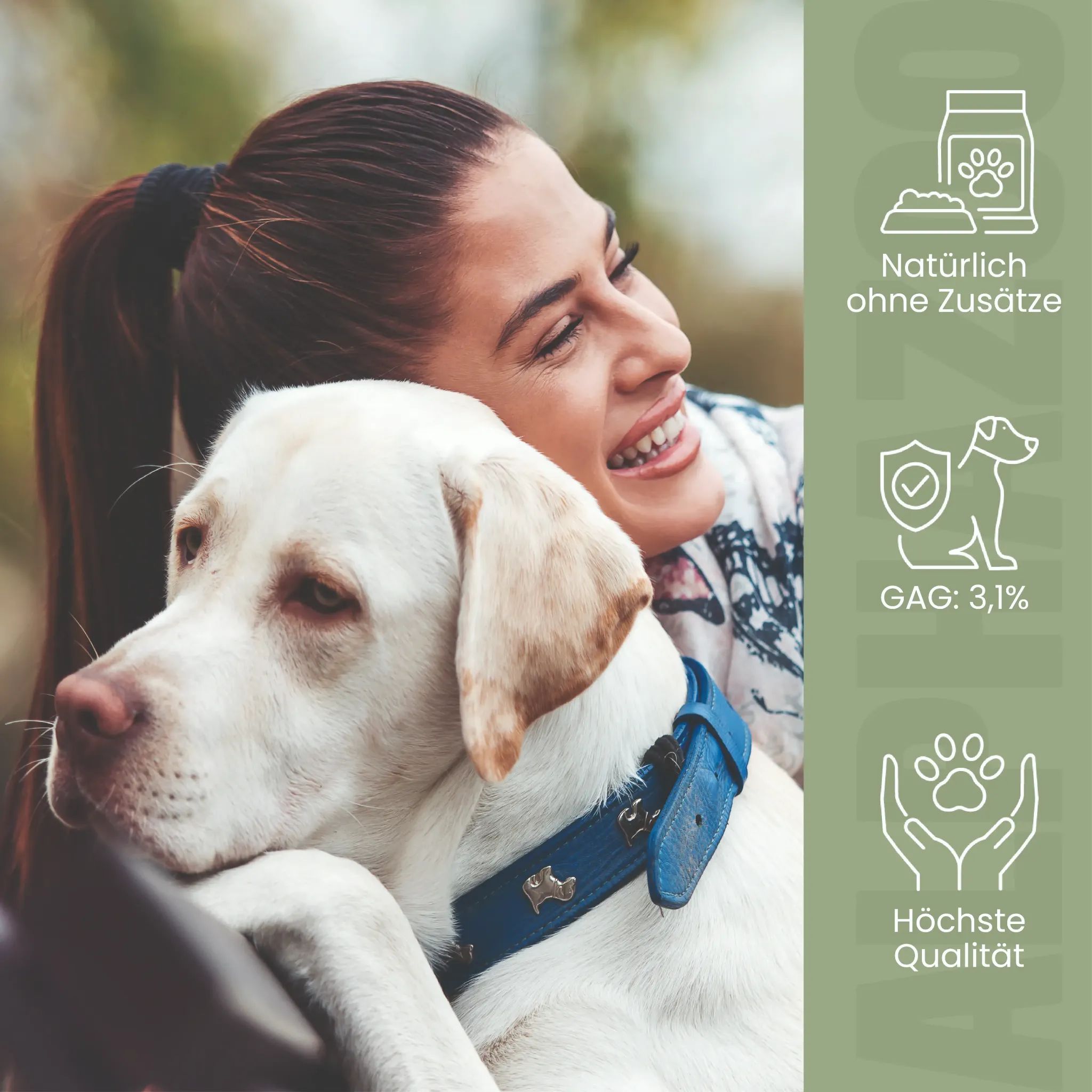 Frau umarmt weißen Hund, daneben Icons für natürliche Zusätze, GAG und Qualität.
