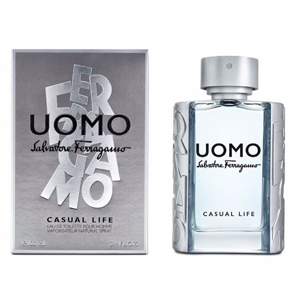 UOMO Casual Life Eau de Toilette Spray und Verpackung. Rechteckiger Flakon und Schachtel. Aufschrift UOMO, Salvatore Ferragamo, Casual Life.