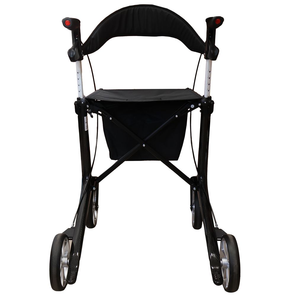 Schwarzer Rollator mit Sitz, Rückenlehne und Einkaufskorb. Höhenverstellbare Griffe mit Bremsen.