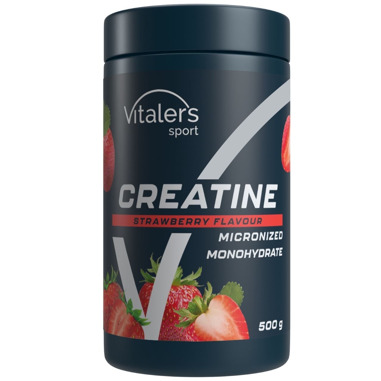 Dunkler Behälter mit Etikett 'Vitaler's Sport Kreatin Monohydrat Erdbeergeschmack' und Angabe von 500g, mit Erdbeerabbildungen.