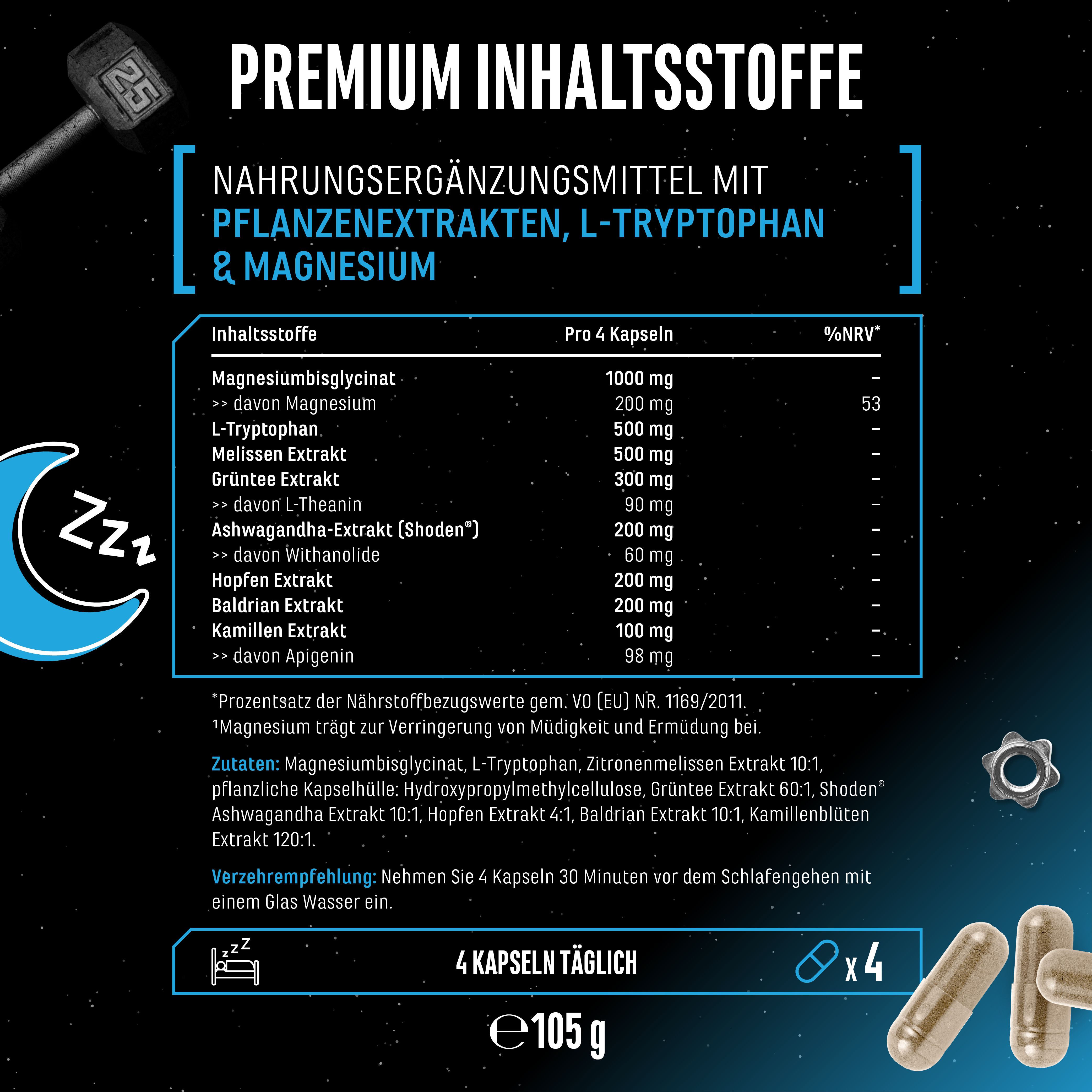 Nährwerttabelle von GEN Knockout. Inhaltsstoffe pro 4 Kapseln: Magnesium, L-Tryptophan, etc. Kapseln liegen daneben.
