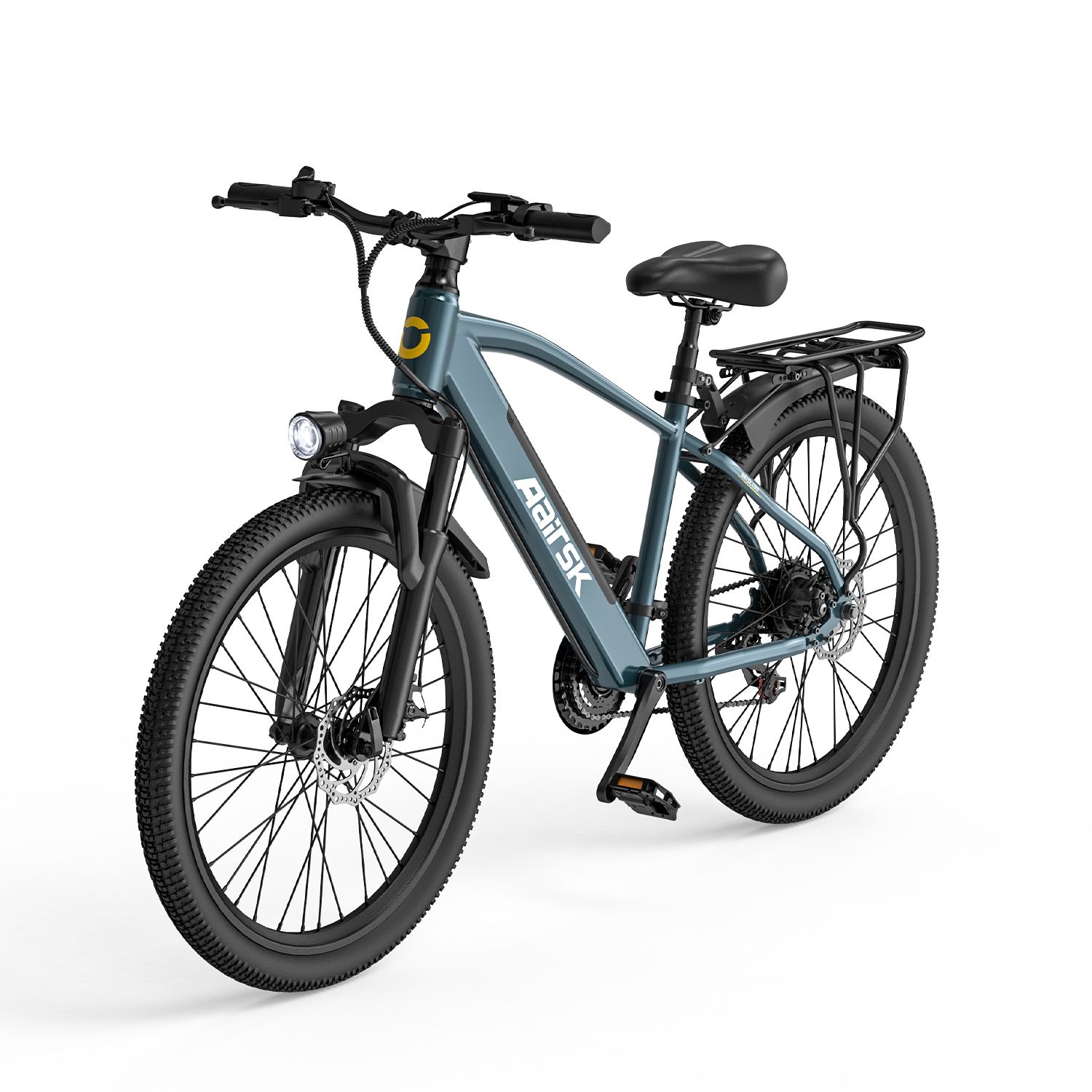 Blaues E-Bike mit schwarzem Rahmen, Gepäckträger und Scheinwerfer. Marke Aairsk.