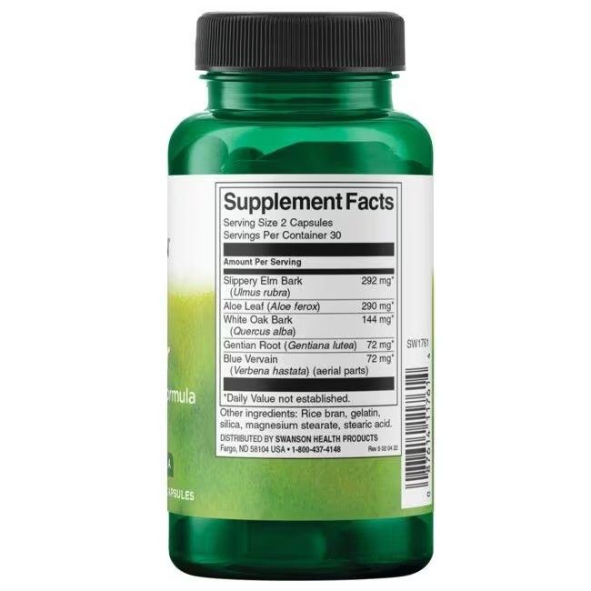 Rückseite der grünen Flasche. Enthält Nährwertangaben und Zutaten. Text: SWANSON Health Products. Barcode.