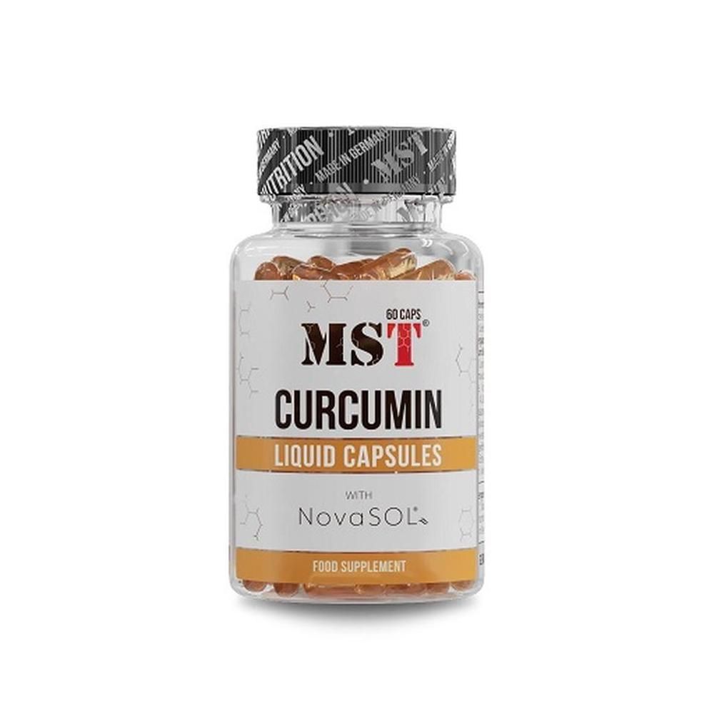 Kapselbehälter mit MST Curcumin Liquid Capsules. Aufschrift: 60 Caps, NovaSOL. Klarer Behälter, braune Kapseln.
