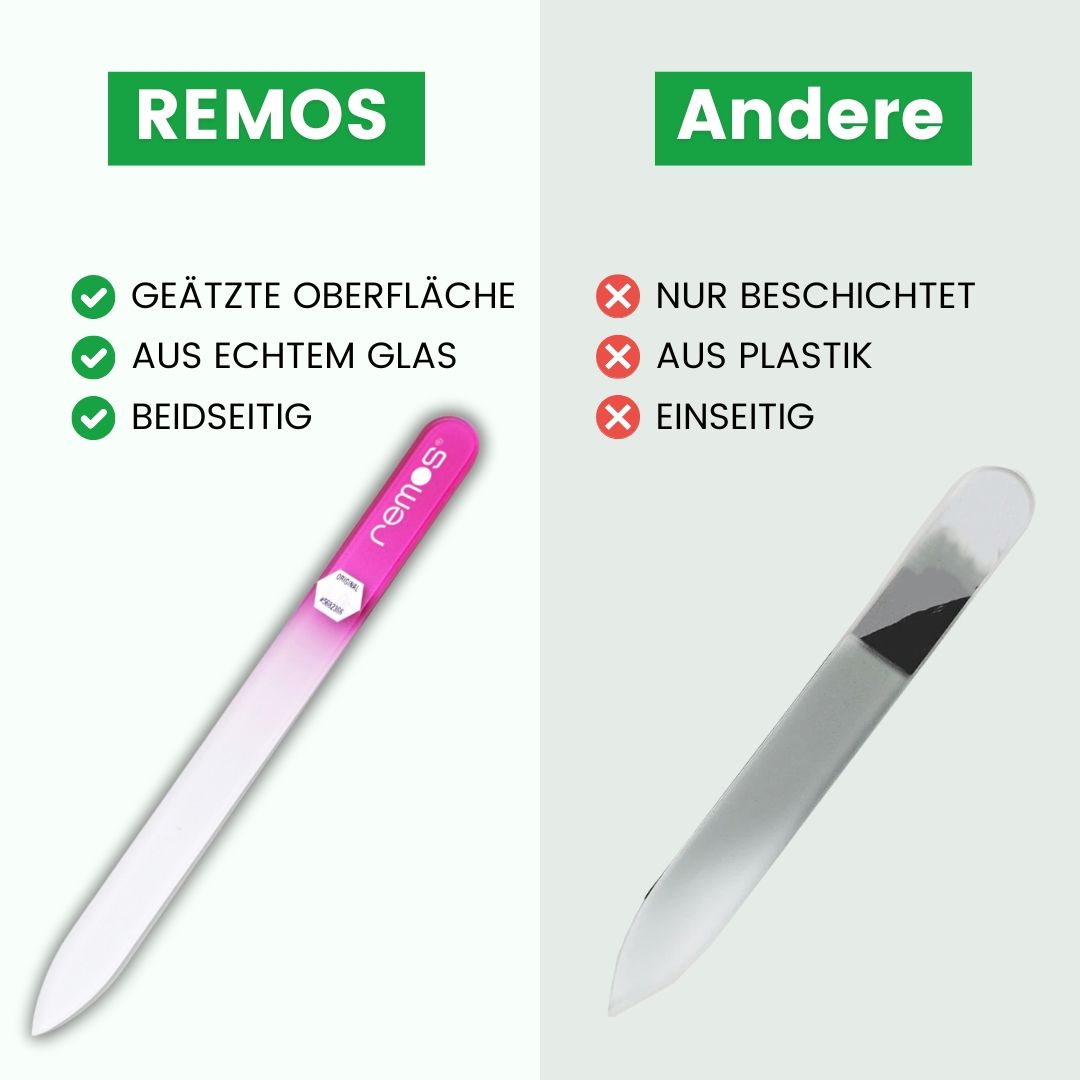 Glasnagelfeile mit pinkfarbenem Griff. Geätzte Oberfläche, aus Echtglas, beidseitig. Vergleich mit anderen Feilen.