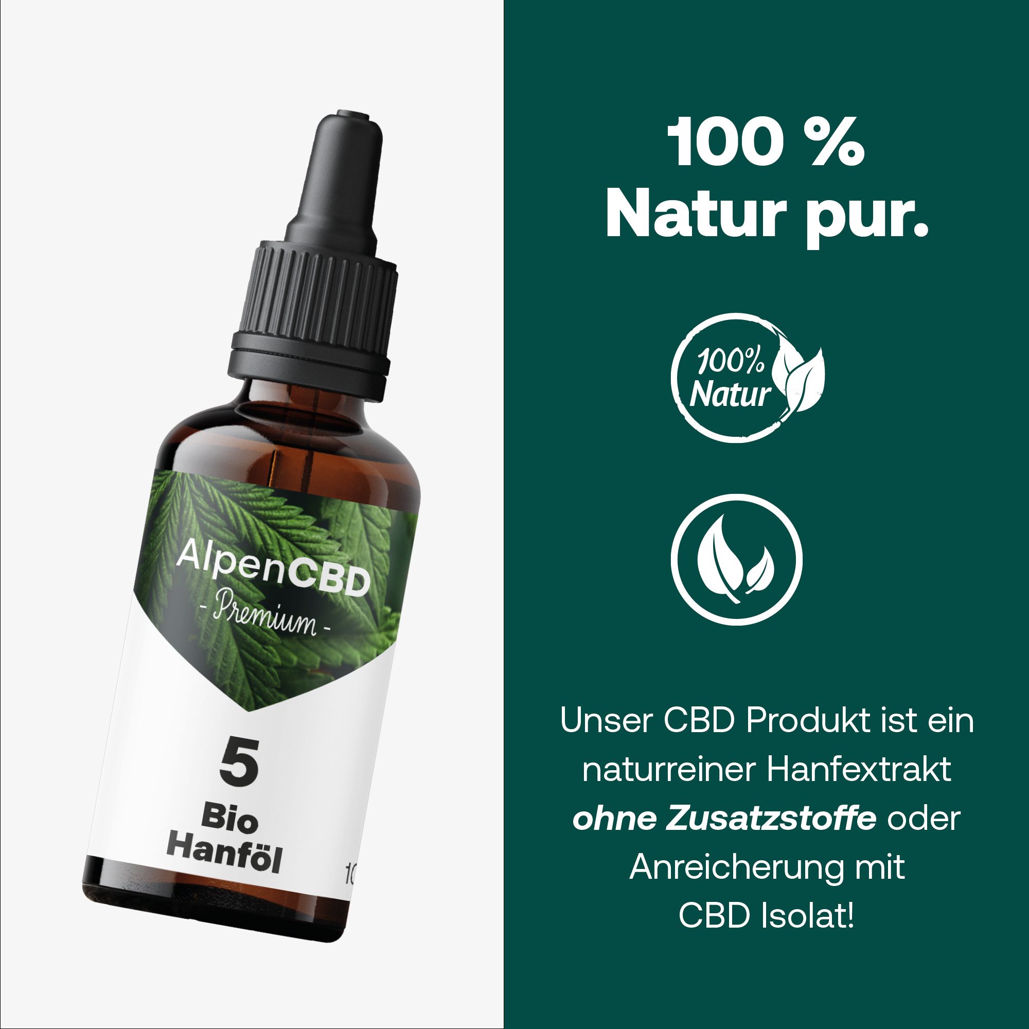 Braune Glasflasche mit Tropfer und weißem Etikett. Auf dem Etikett steht AlpenCBD und Bio Hanföl. Hintergrund grün.