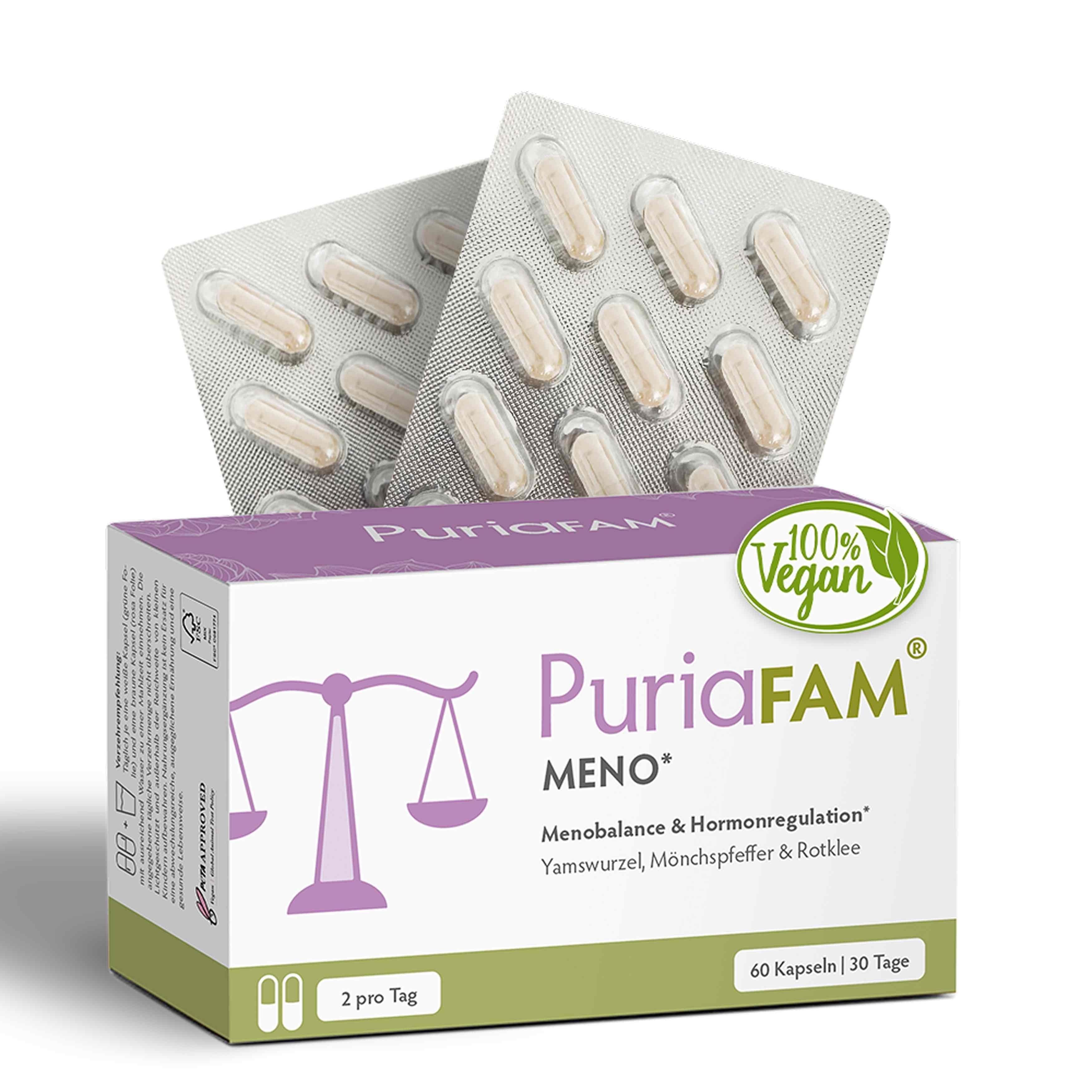 Packung mit Kapseln. Aufschrift: PuriaFAM Meno. 100% Vegan. 60 Kapseln. 2 pro Tag.