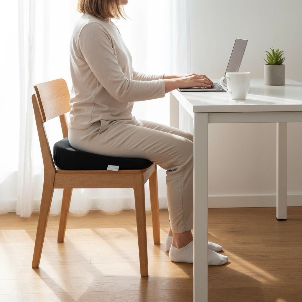Person sitzt auf einem schwarzen, keilförmigen Sitzkissen auf einem Stuhl. Laptop auf dem Tisch.