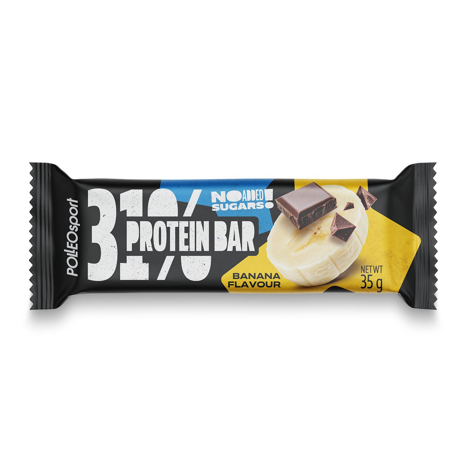 Proteinriegel mit Bananengeschmack. Schwarze Verpackung mit Logo und Aufdruck '31% Protein Bar'. Abbildung von Banane und Schokoladenstückchen.