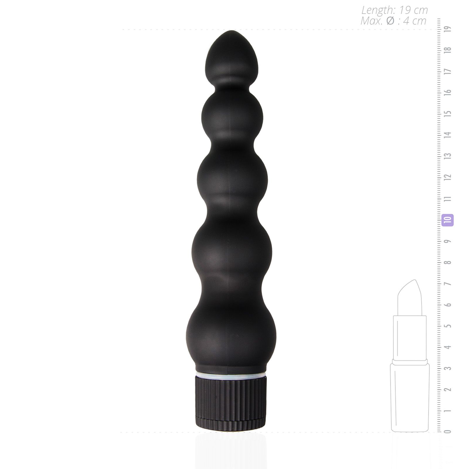 Schwarzer Vibrator aus Kunststoff. Zylindrische Form mit mehreren Kugeln und geriffelter Basis. Längenmaß.
