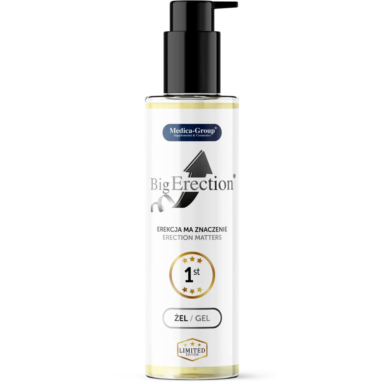 Flasche mit schwarzem Pumpkopf. Produktname und Logo. Text: Erektion hat Bedeutung. 1st, Gel. Limited Edition.