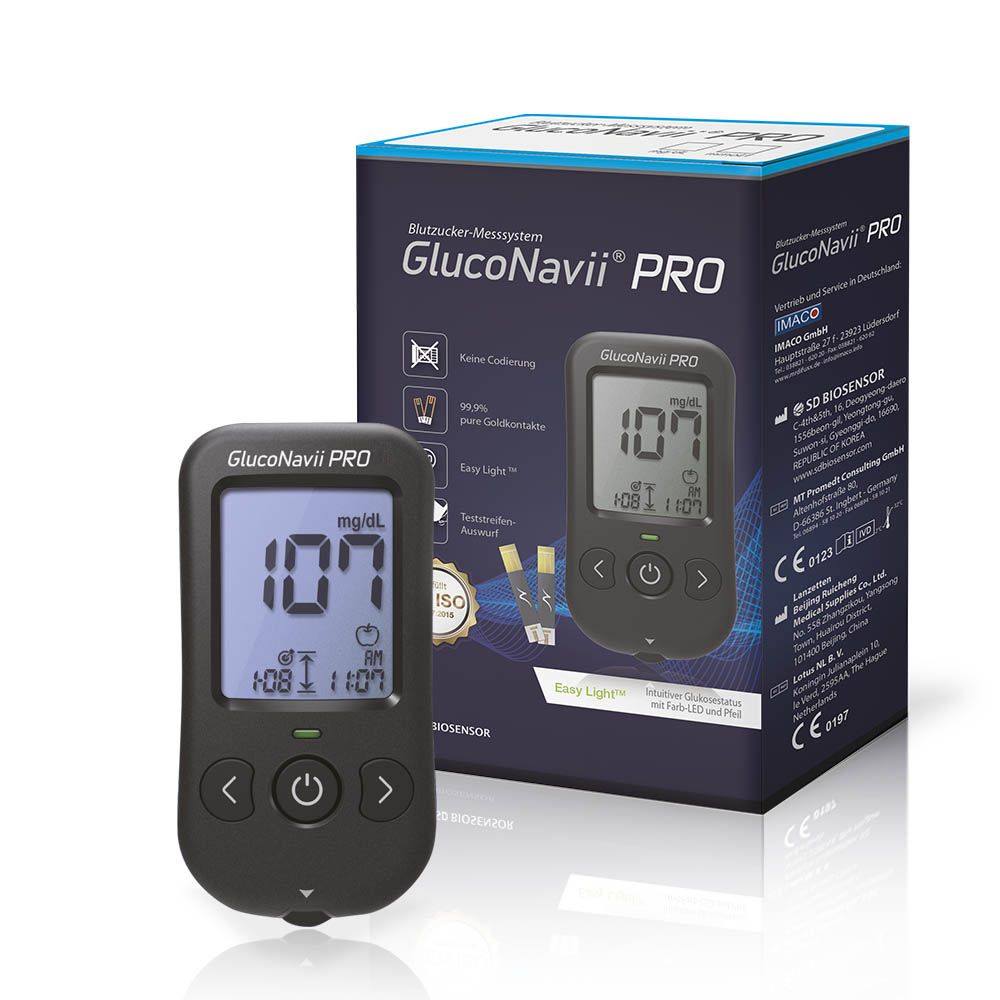 Blutzuckermessgerät GlucoNavii PRO mit Display, zeigt Wert 107. Schwarzes Gerät und Verpackung mit Produktnamen.