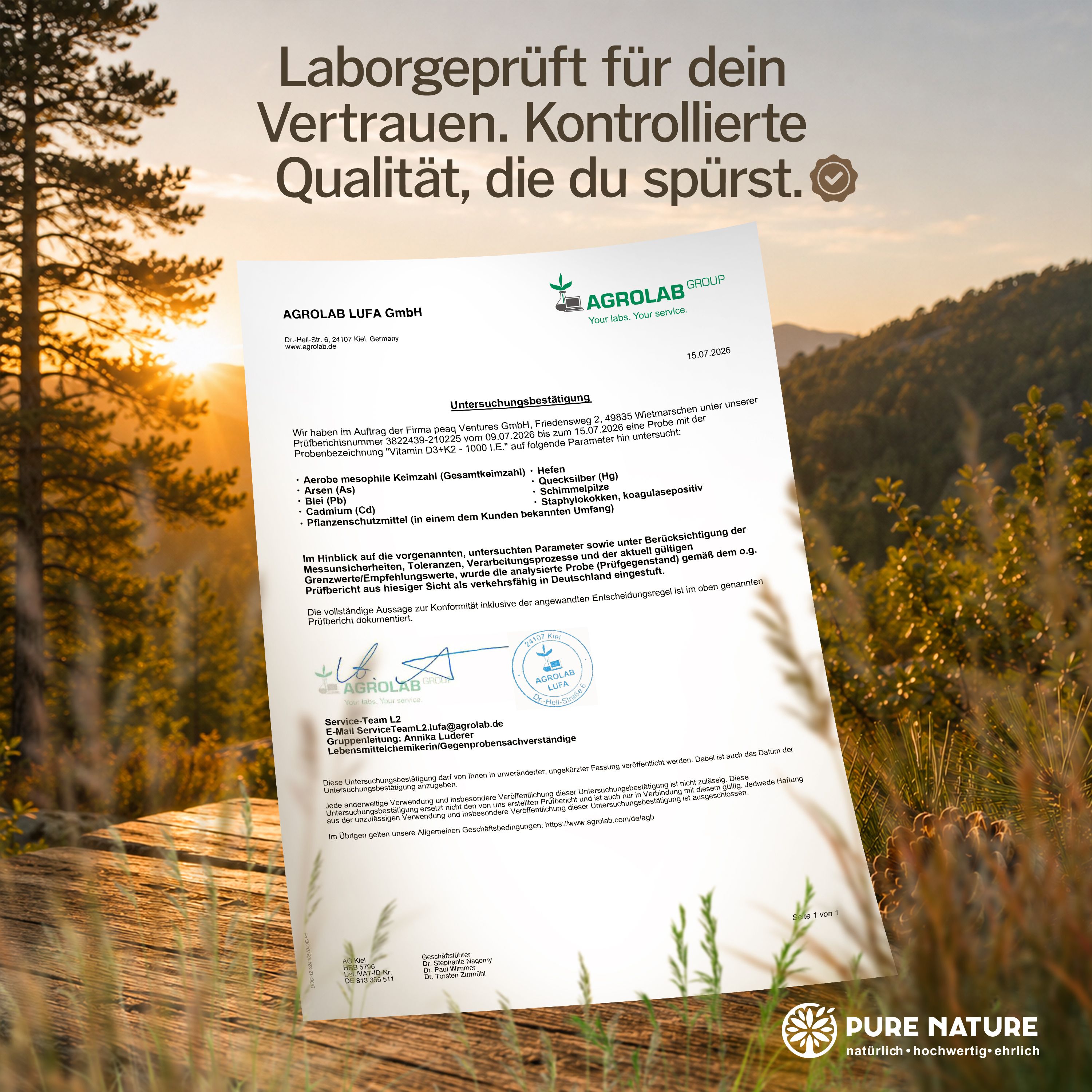 Prüfbericht von AgroLab im Wald. "Pure Nature" Logo unten rechts.