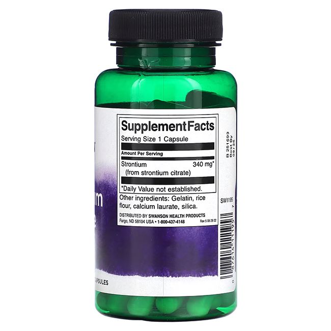 Grüne Flasche mit schwarzem Deckel. Rückseite mit Nährwertangaben: Strontium 340 mg, Zutaten, 60 Kapseln.