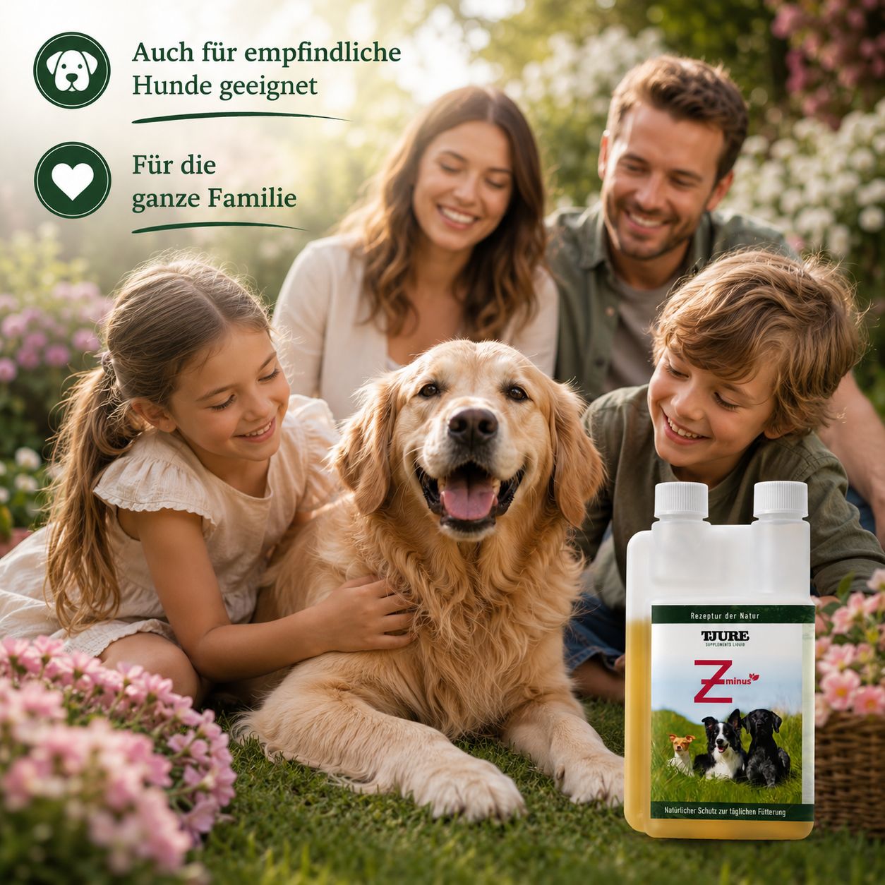 Flasche mit Hundefutterzusatz neben einer lächelnden Familie mit einem Golden Retriever im Garten.