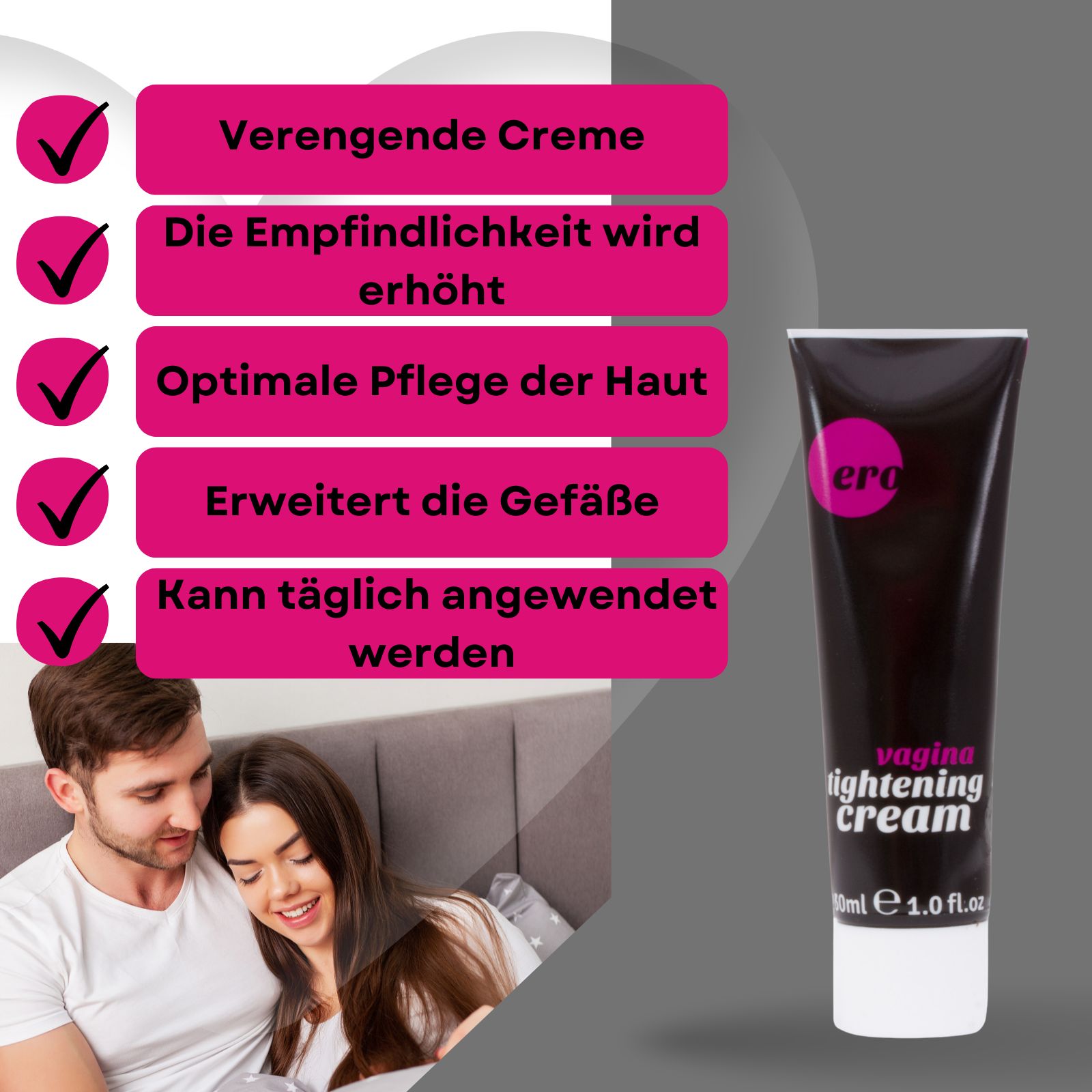 Produkt-Tube und Verpackung. Schwarze Tube mit rosa Logo und Produktnamen. Rosa-weiße Verpackung mit Produktnamen.