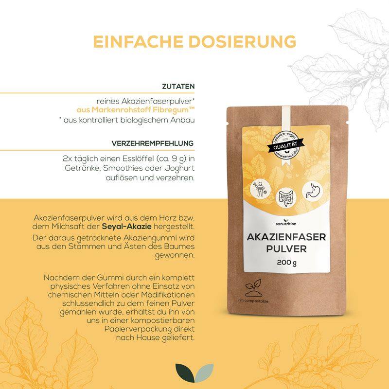 Braune Papierverpackung mit gelbem Etikett. Aufschrift: AKAZIENFASER PULVER, 200 g. Logo: Sanutrition. Siegel: Qualität, umweltfreundlich. Text: Einfache Dosierung.