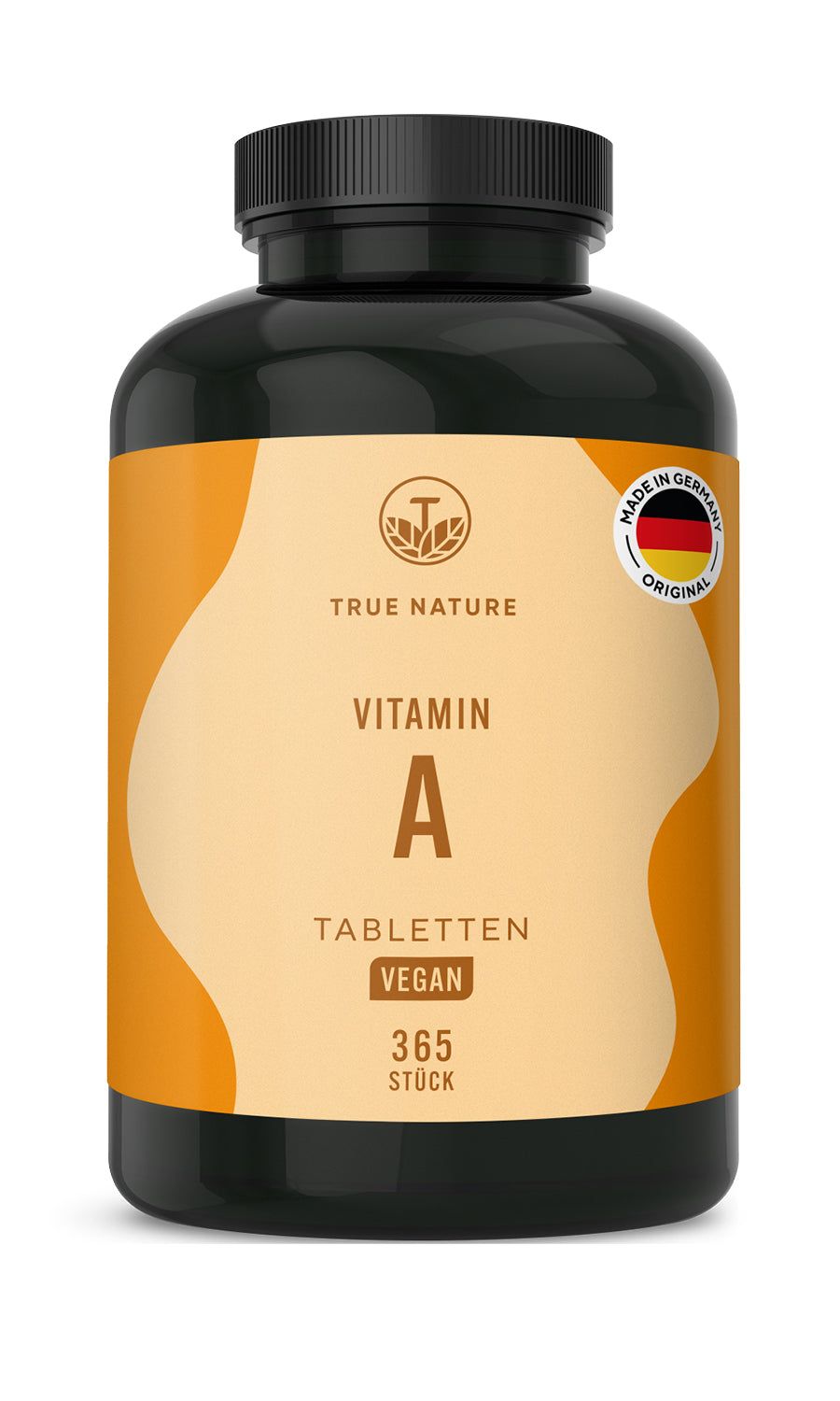 Schwarze Flasche TRUE NATURE® Vitamin A Tabletten. Vegan, 365 Stück. Made in Germany Siegel. Orangefarbener Hintergrund.