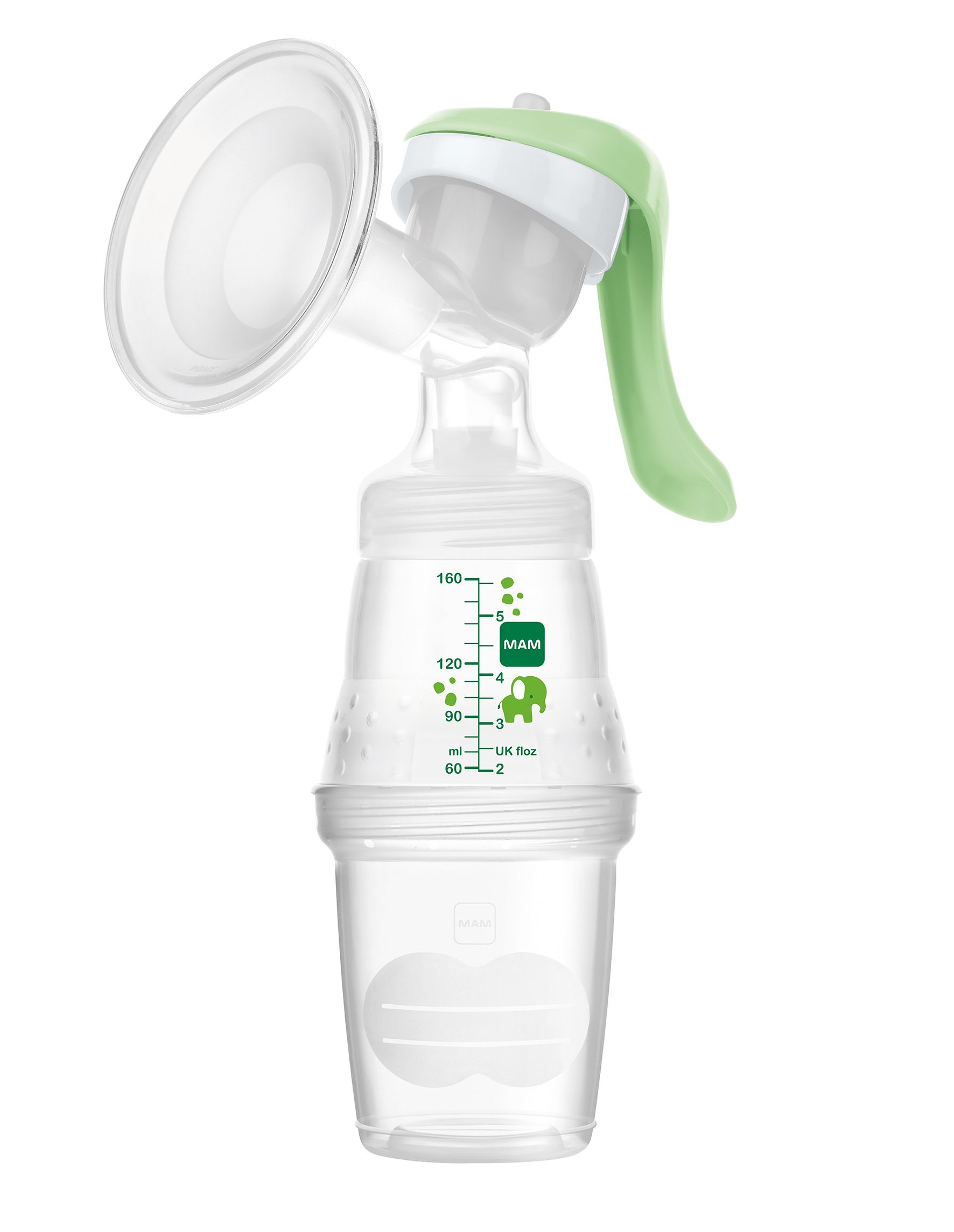 MAM Handmilchpumpe. Transparent, grün und weiß. Mit Messskala. Mit Elefanten-Motiv. BPA-frei.