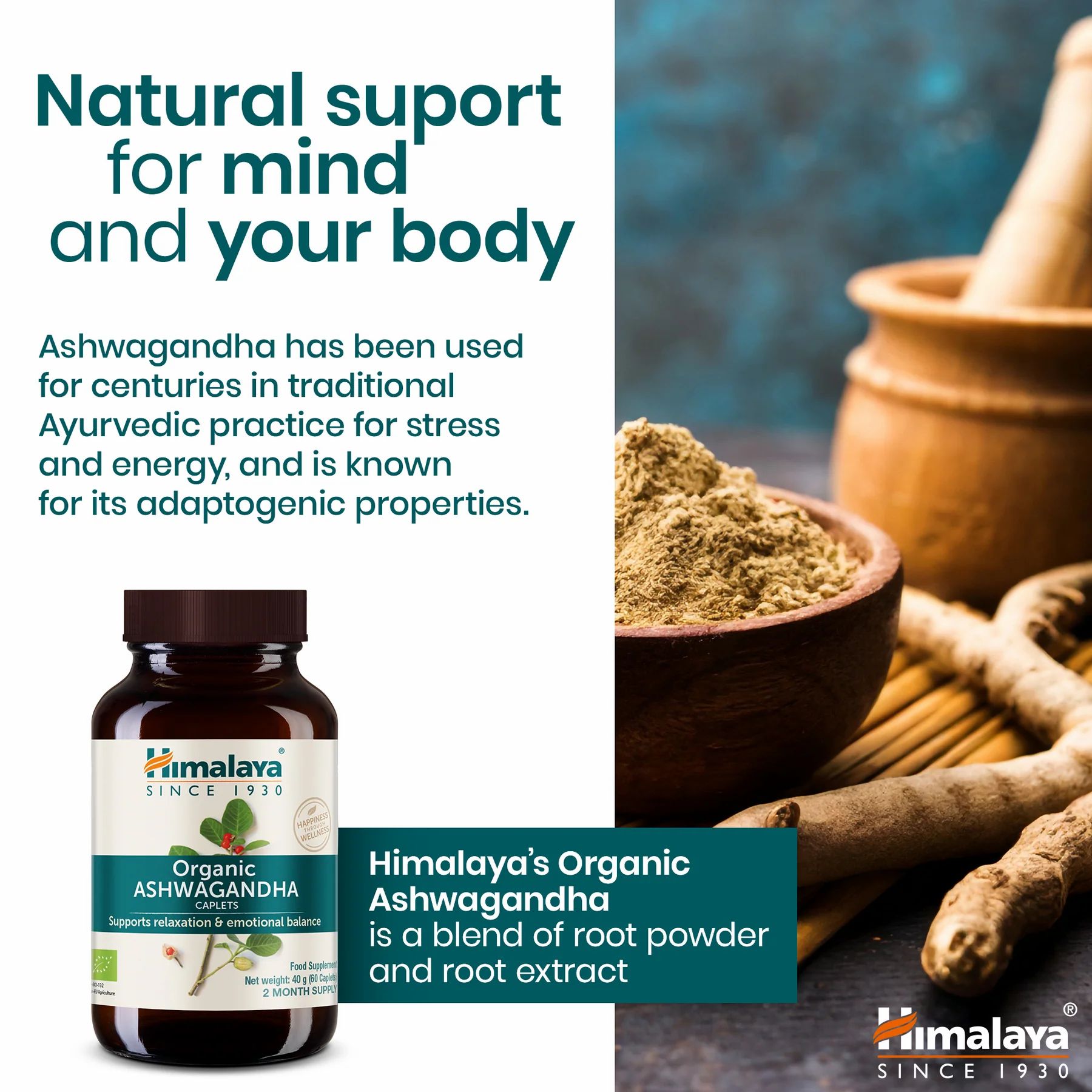 Braune Flasche mit Kapseln, Pulver, Wurzeln. Text: Himalaya Organic Ashwagandha.