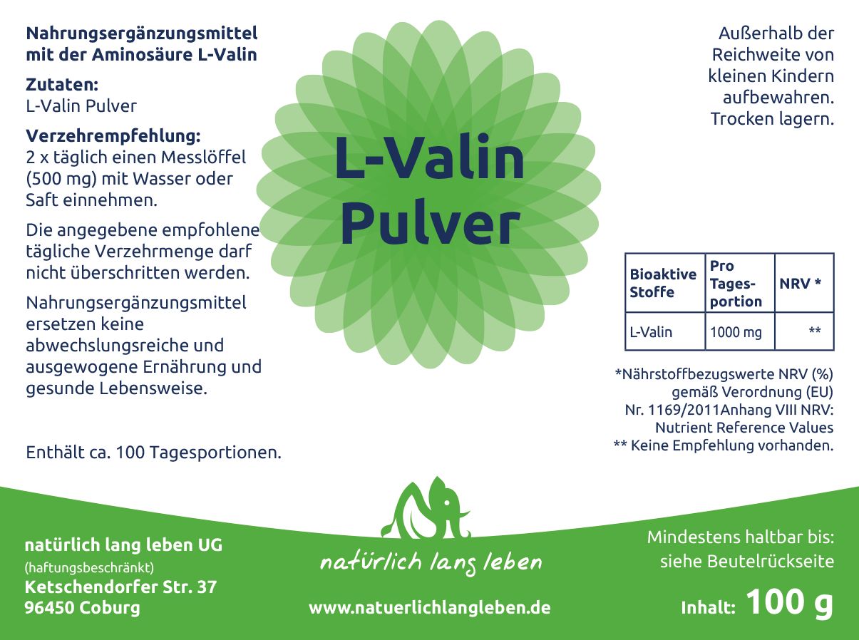 Etikett: L-Valin Pulver, 100g Inhalt, Nährwertangaben, Herstelleradresse.