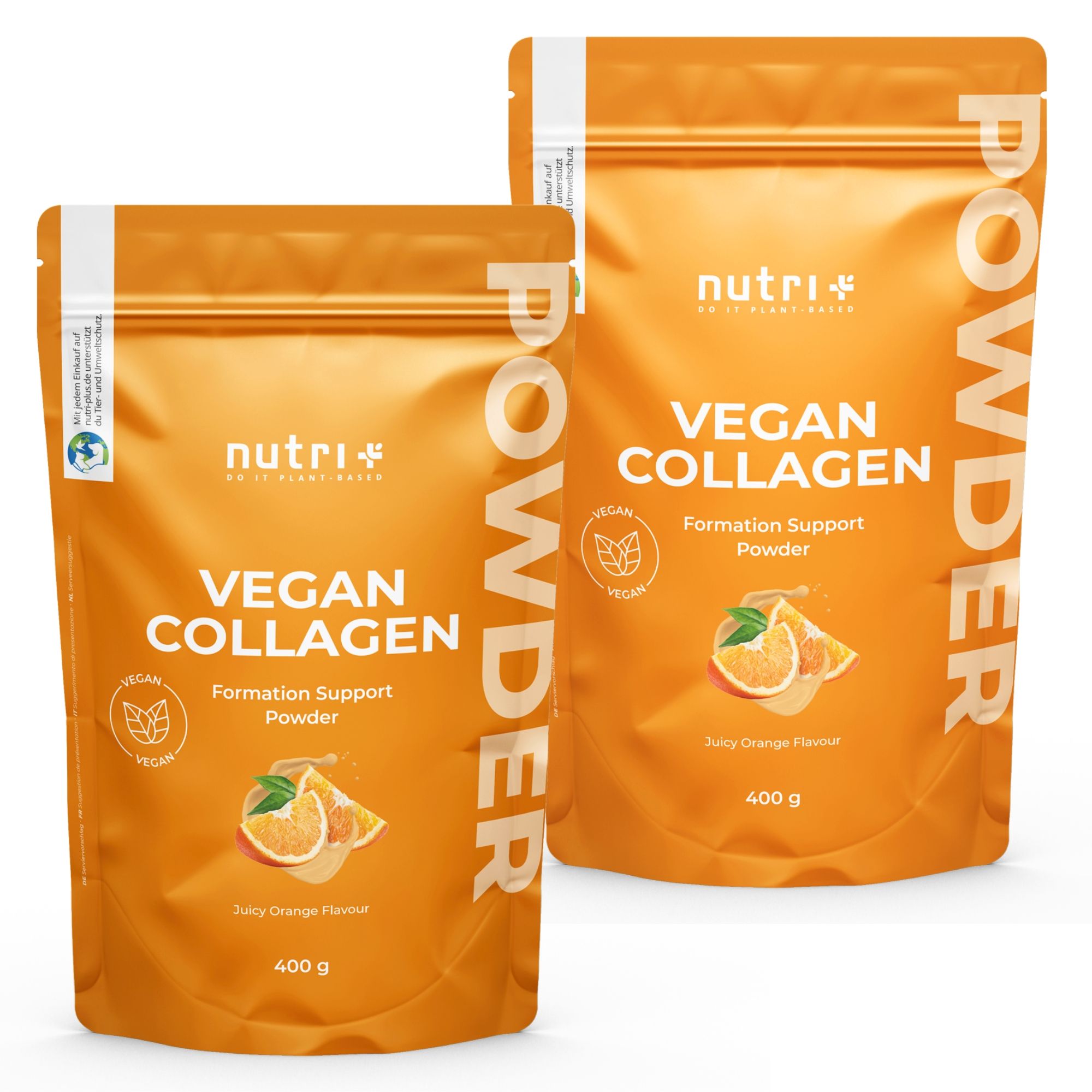 Zwei Beutel nutri+ Vegan Collagen Formation Support Pulver, Juicy Orange Geschmack, je 400g.
