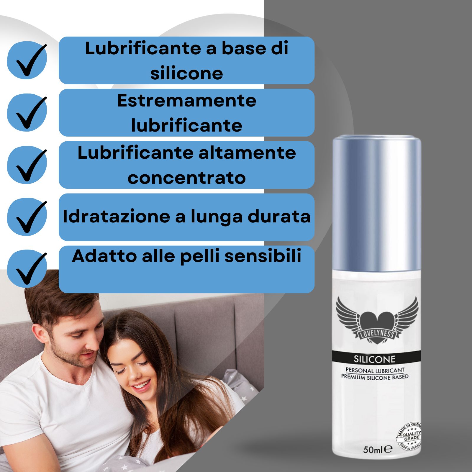 Gleitgel auf Silikonbasis. Flasche mit Produktinformationen. Text: SILICONE, 50ml.