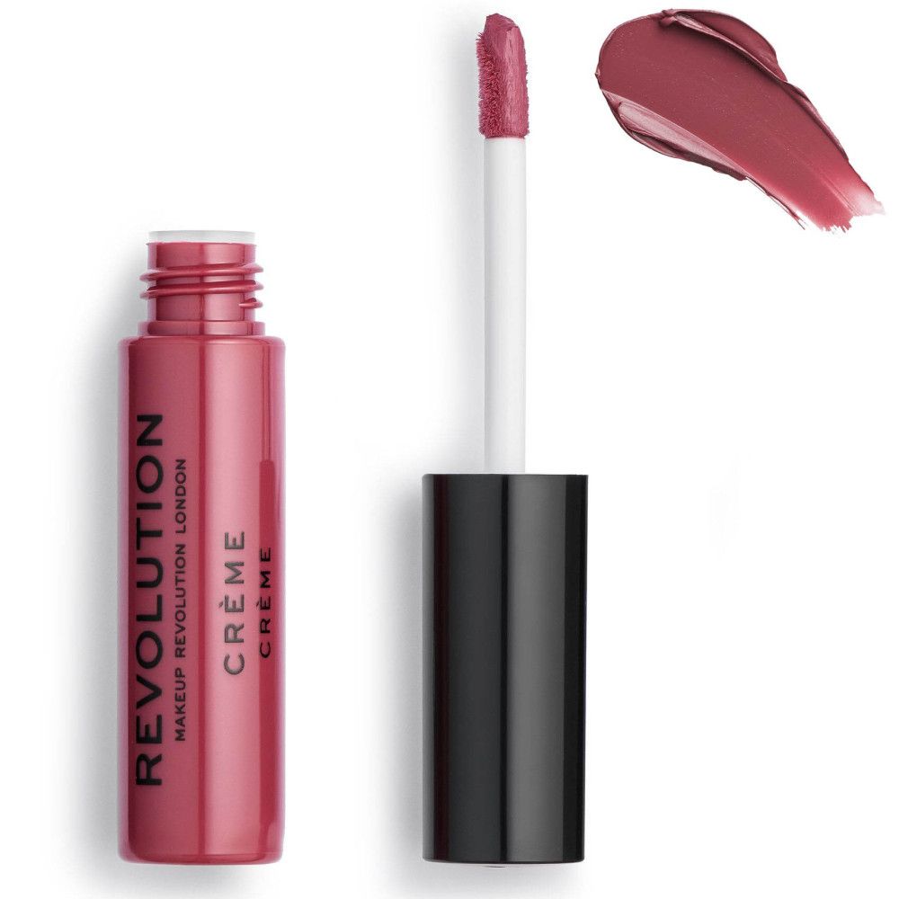 Lippenstift-Fläschchen, geöffnet, mit Applikator und Farbmuster. Marke und Produktname sind sichtbar.