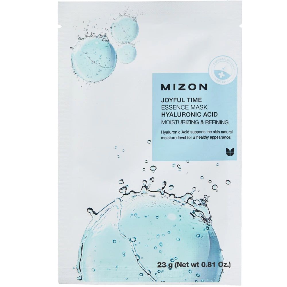 Verpackung der MIZON Joyful Time Essence Mask Hyaluronsäure. Weißes Sachet mit blauem Logo und Produktinformationen. Wasserspritzer-Design.