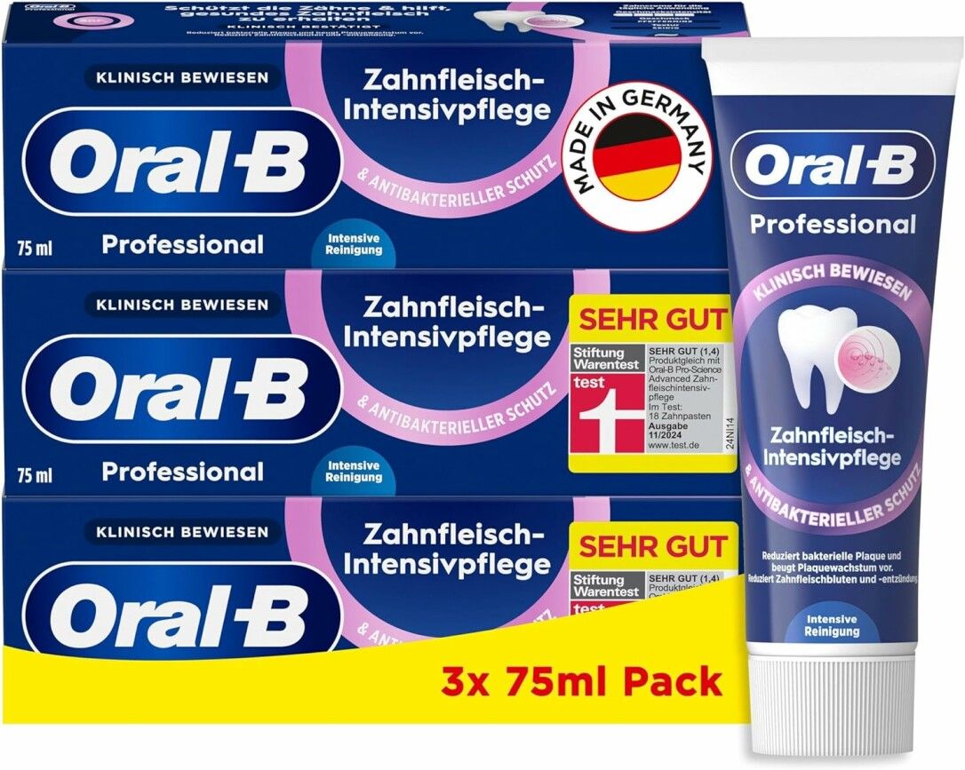 Verpackung mit drei Zahncreme-Tuben und einer einzelnen Tube. Text: Oral-B Professional, Zahnfleisch-Intensivpflege. Sehr gut.