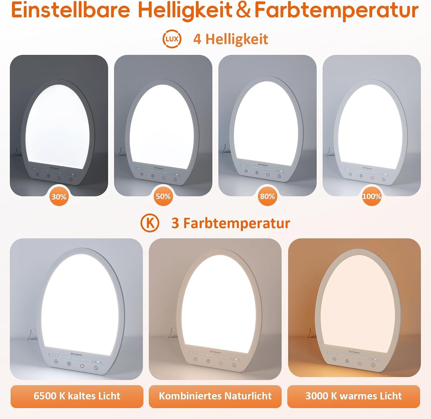 Lichtwecker mit ovalem Design, 24cm hoch, 19cm breit. 4 Helligkeitsstufen, 3 Farbtemperaturen.