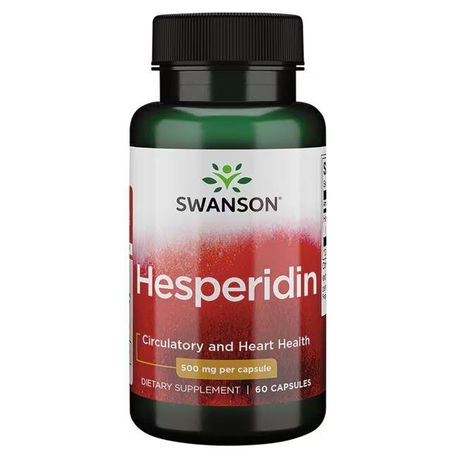 Grüne Flasche mit schwarzem Deckel. Etikett mit SWANSON, Hesperidin, 500 mg pro Kapsel. 60 Kapseln.