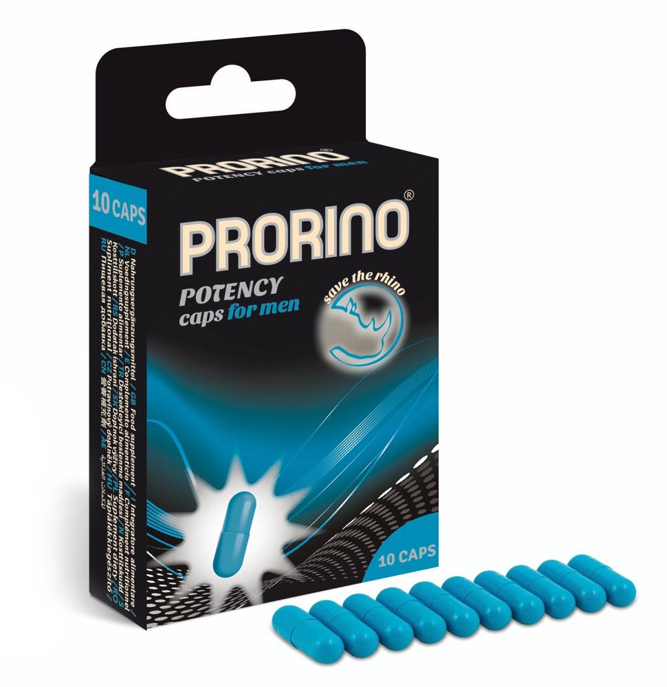 Verpackung und Kapseln. Text: PRORINO POTENCY caps for men. Logo: Save the rhino. Enthält 10 Kapseln.