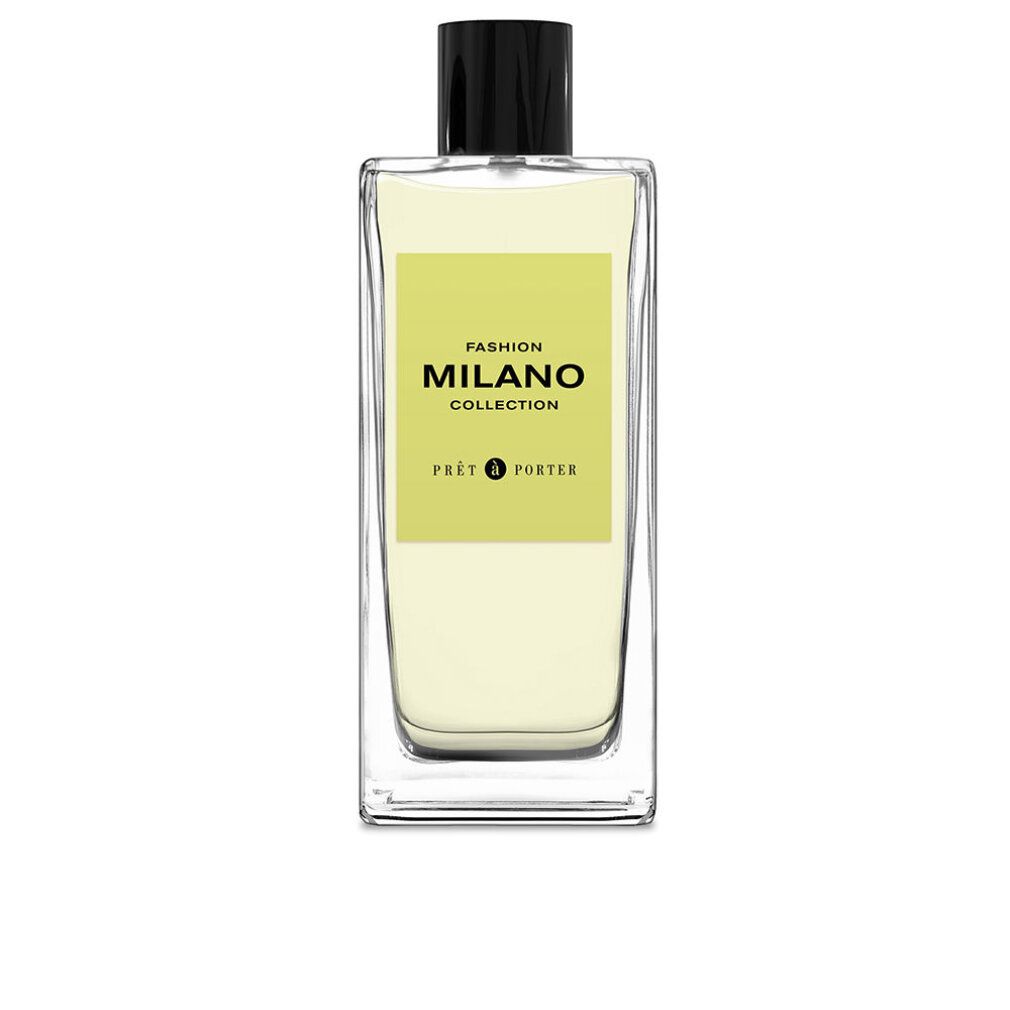 Rechteckiger Glasflakon mit schwarzem Verschluss. Gelbes Etikett mit schwarzem Text: Fashion Milano Collection, Pret a Porter.