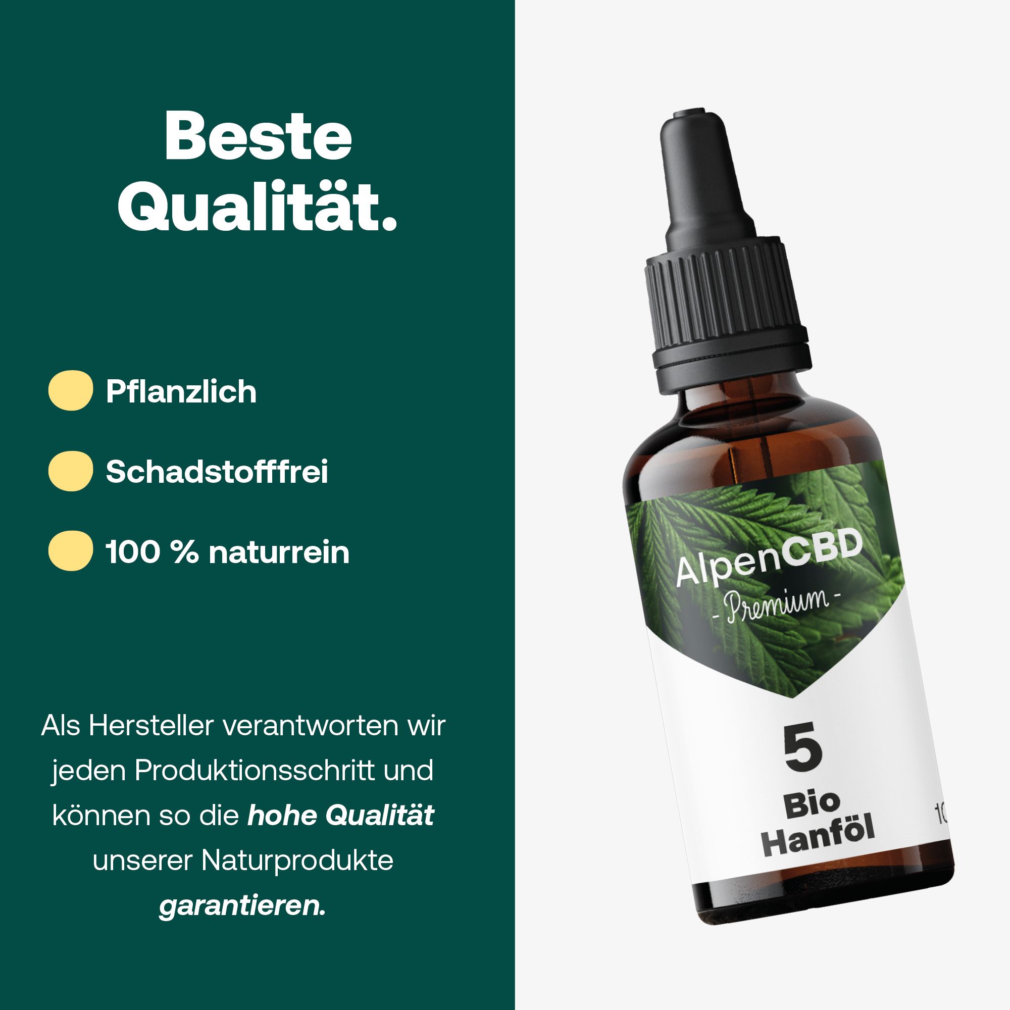 Braune Glasflasche mit Tropfer und weißem Etikett. Auf dem Etikett steht AlpenCBD und Bio Hanföl. Hintergrund grün.