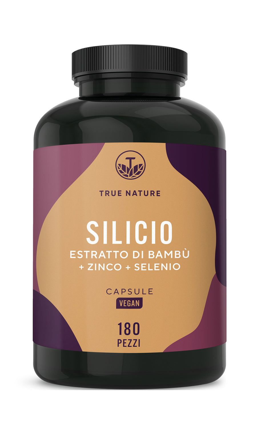 Dunkle Flasche mit Kapseln. Aufschrift: Silicio, Bambusextrakt, Zink, Selen. 180 Kapseln. Vegan.