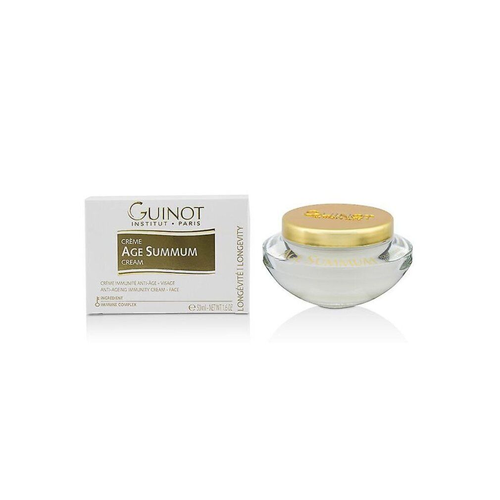 Creme-Glas neben weißer Schachtel. Aufschrift 'GUINOT', 'AGE SUMMUM'. Creme für das Gesicht. 50 ml.