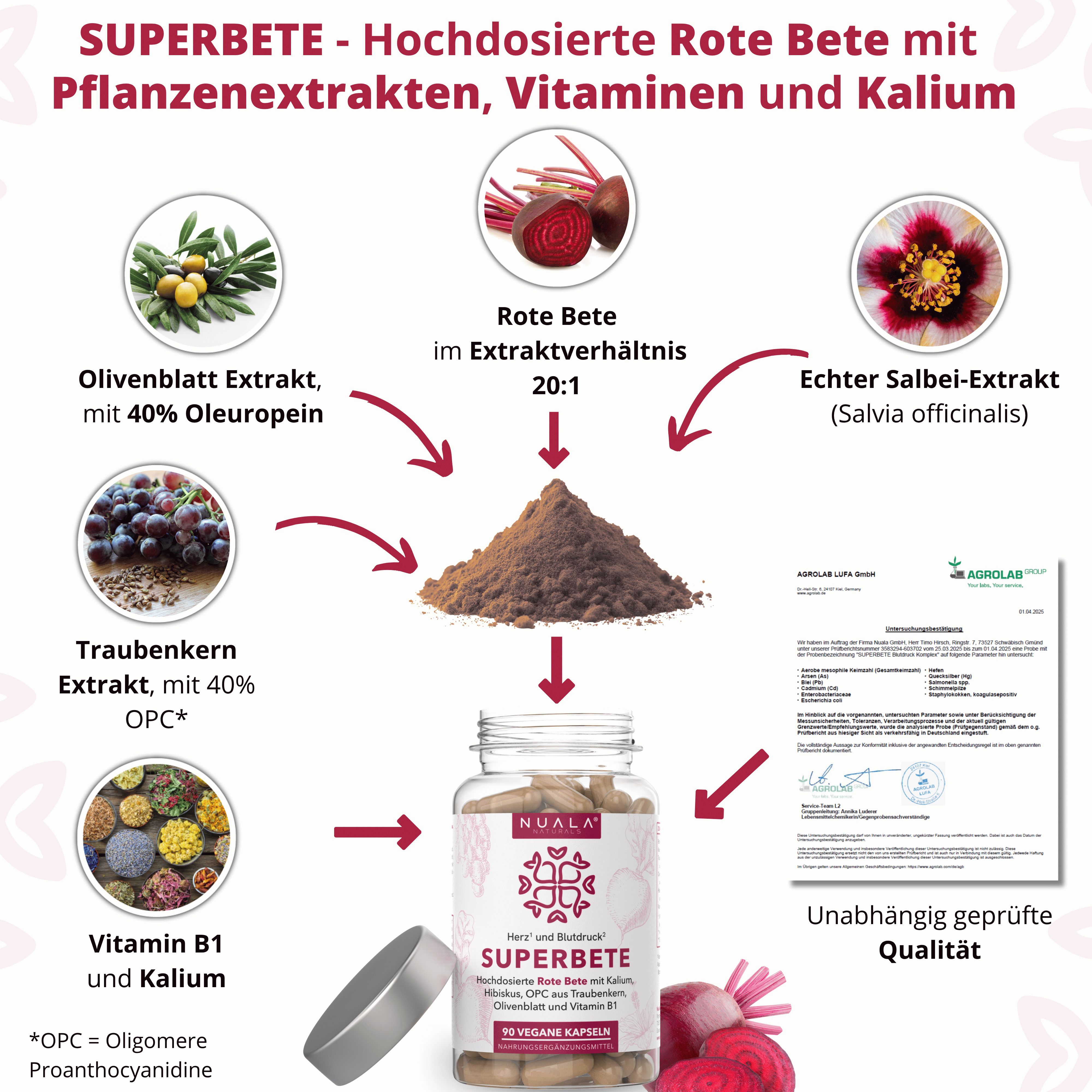 Inhaltsstoffe von Superbete: Rote Bete, Olivenblatt, Traubenkern, Vitamin B1, Kalium. Kapseln und Zertifikat.